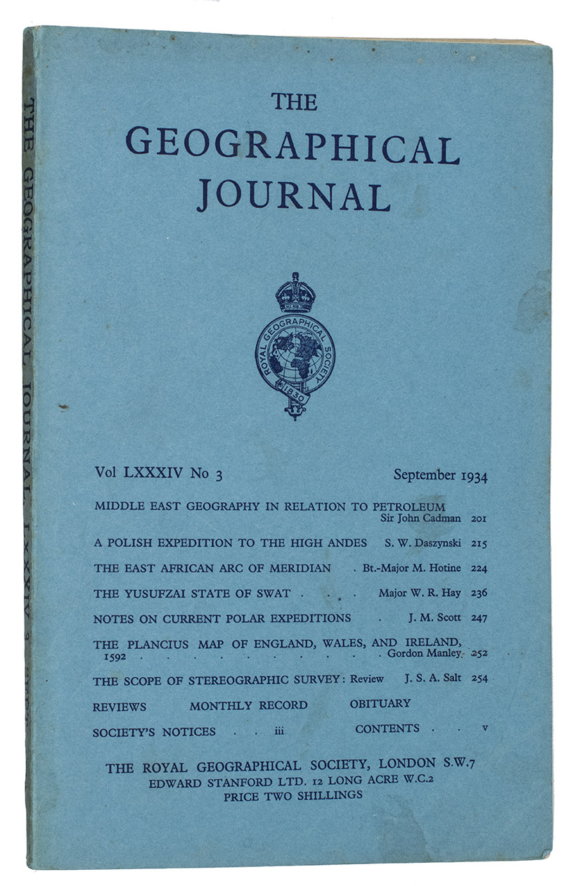 CADMAN, John. - The geographical journal. Vol. LXXXIV. No. 3.Beccles, William Clowes & sons, 1934. 4to. With several full-page black and white photographs and maps. Original publisher's blue printed paper wrappers.