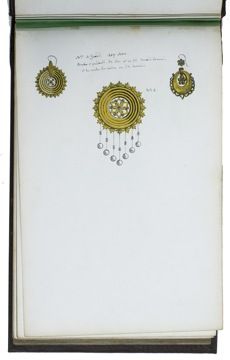 [JEWELRY MODELS]. - [Album with hand-drawn jewelry models].[Paris?, in or soon after 1872]. Oblong (17.5 x 28 cm). With 101 very neat drawings in ink, some hand-coloured (blue and yellow). Half purple morocco and purpleish-brown weave-grained cloth sides, with 