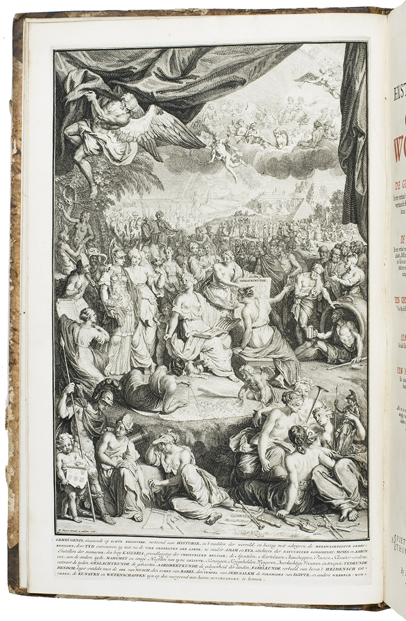 LUISCIUS, A.G. - Het algemeen historisch, geographisch en genealogisch woordenboek, vervattende de gehele wereldlyke geschiedenis...The Hague, Pieter Husson, Thomas Johnson, Johannes van Duren, Charles le Vier; Delft, Reinier Boitett, 1724-1737. 8 volumes. Large folio (41.5 x 27.5 cm). Vol. 1 with an impressive engraved frontispiece by Bernard Picart and an engraved armorial dedication to Isack van Hoornbeek. Each volume except the first has an engraving at the head of the first page depicting a library with visitors in it. Contemporary and uniform mottled half calf, marbled sides, gold-tooled spine with red label.