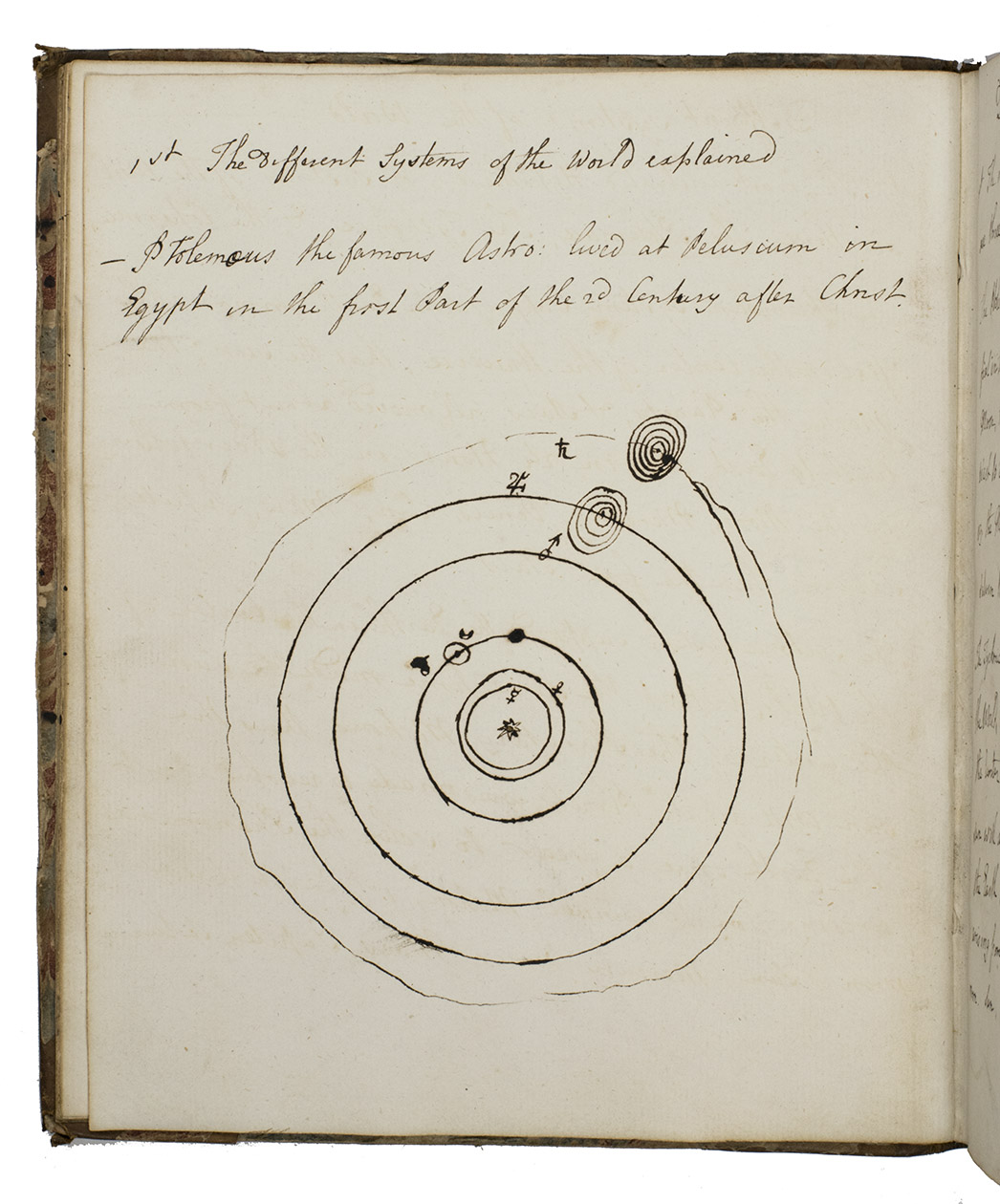 [MANUSCRIPT - ASTRONOMY]. - Plain astronomy. Manuscript volume of notes on practical astronomy and mathematics.[England?, ca. 1777/1781?]. 4to. Manuscript volume of notes on practical astronomy and mathematics in English, written in ink on Dutch paper with a Maid of Dordrecht watermark without countermark. The leaves are numbered from the front, 101 and 26 leaves of text and diagrams, 39 blank leaves in the middle, last 26 leaves in reverse order, illustrated with several astronomical and mathematical diagrams, including one of a solar system. Late 18th-century half calf, marbled sides.