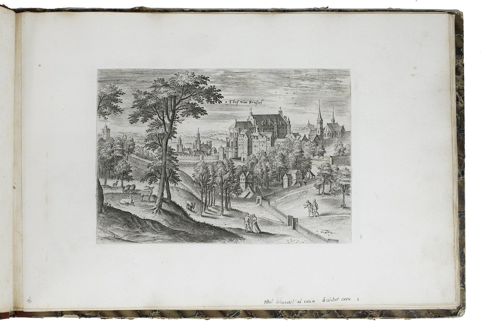 COLLAERT, Hans I [after Hans BOL or Jacob GRIMMER?]. - [Views in the vicinity of Brussels].[Antwerp], Hans van Luyck, [ca. 1575/80]. Oblong folio album (24.5 x 35.5 cm). Series of 24 engravings (plate size ca. 20 x 14 cm) with views of landscapes around Brussels, by Hans I Collaert possibly after Hans Bol or Jacob Grimmer, each with a caption in the plate (plates 8 and 20 also with Van Luyck and Collaert's monograms 