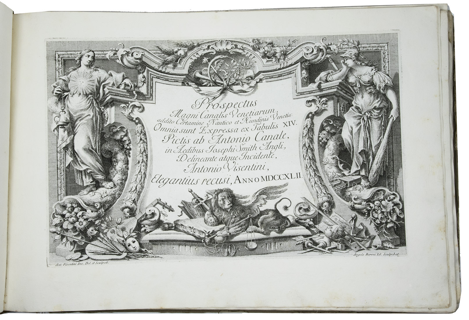 [CANALETTO]. VISENTINI, Antonio. - Urbis Venetiarum prospectus celebriores, ex Antonii Canal tabulis XXXVIII.Venice, Joannem Baptistam Pasquali, 1742. 3 parts in 1 volume. Oblong folio (ca. 36.5 x 52.5 cm). With 3 letterpress title-pages printed in red and black with engraved vignettes by Visentini, the original engraved title-page for the first series (Prospectus Magni Canali), a double portrait of Canaletto and Visentini by Visentini after Giovanni Battista Piazetta and and XIV, XII and XII numbered engraved prints with familiar views based upon 38 paintings by Canaletto, engraved by Visentini, showing the Grand Canal, public buildings, renowned places in Venice and regatta scenes. Contemporary half morocco, brown paper sides, manuscript title (?) and two old shelfmarks on the spine.