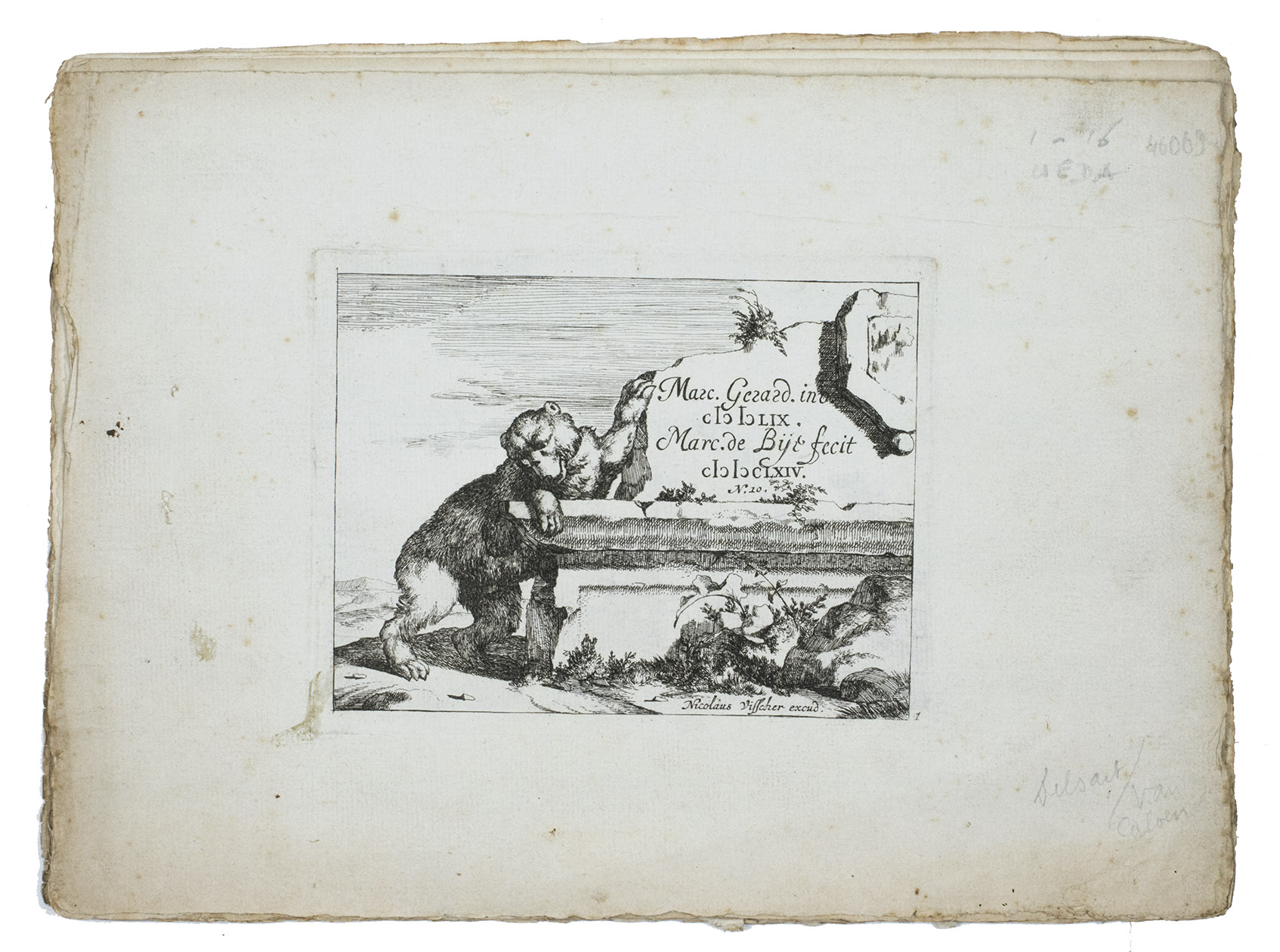 BYE, Marcus de (after Marcus GHEERAERTS). - [Bears].[Amsterdam], Nicolaas I Visscher, 1664. Oblong 4to. 16 engravings (ca. 10.5 x 13.5 cm) depicting bears in various poses. Loose prints.