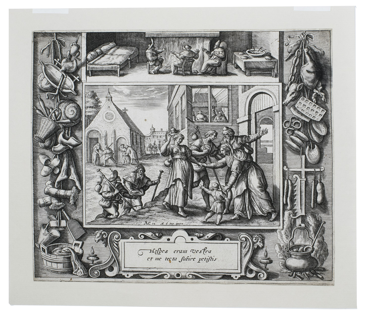 PASSE, Crispijn de (the elder) [after Maarten de VOS]. - [The acts of mercy, including the Last Judgement].Antwerp, Adriaen Collaert (7 plates with the Acts of Mercy) & Johannes Galle (the Last Judgement), ca. 1580-1588. Folio (7 of 8 plates trimmed). 8 engravings (ca. 17.5 x 20.5 cm) on laid paper by Crispijn de Passe I (the elder) after Maarten de Vos with the central scene framed by an exquisite ornamental border showing crafts, tools and scenes relating to the subject. All engravings captioned with engraved Latin text in a cartouche below the images. Loose prints.