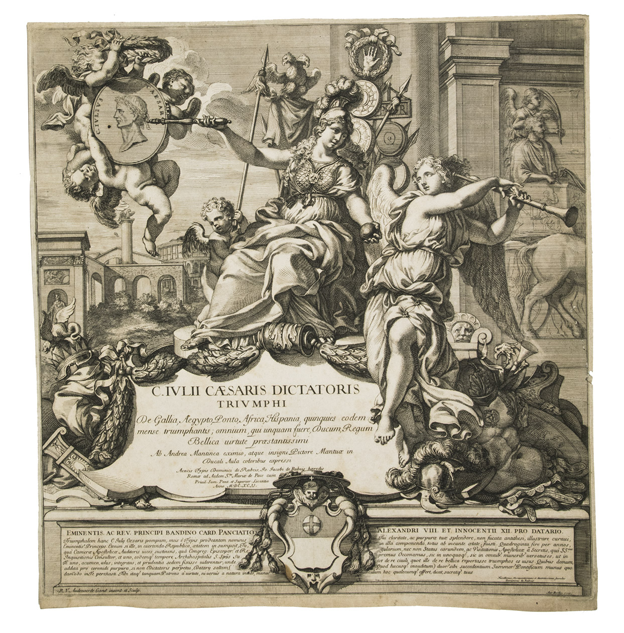 AUDENAERDE, Robert van, after Andrea MANTEGNA. - C. Julii Caesaris Dictatoris triumphi de Gallia, Aegypto, Ponto, Africa, Hispania, quinquies eodem mense triumphantis; omnium, qui unquam fuere, Ducum, Regum Bellica virtute praestantissimi.Rome, Domenico de Rossi, 1692. With an engraved allegorical title-print showing Minerva on a throne pointing towards a medallion with Caesar's profile, and 9 engraved prints by Robert van Audenaerde after Andrea Mantegna's paintings, showing the triumphal military parade celebrating Caesar's victory in the Gallic Wars. Each is numbered at the lower right and captioned below with an engraved description. The 10 prints are preserved in a paperboard folder covered with half green cloth and green marbled sides (ca. 57 x 47 cm).