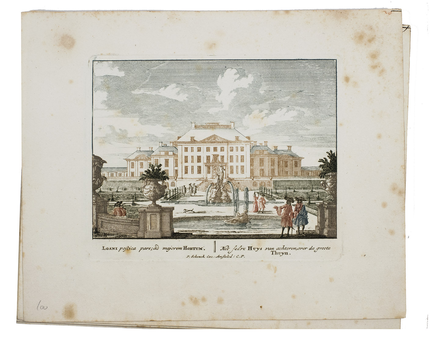CALL, Jan van; Petrus SCHENCK. - [A series of 15 magnificent color-printed plates of the most impressive Dutch palaces of the Stadtholders: Het Loo (Apeldoorn), Huis ten Bosch (The Hague), Honselaarsdijk (near Naaltwijk) and Sorgvliet (The Hague).]Amsterdam, Petrus Schenck, ca. 1695. 4to (20 x 24.5 cm). 15 (from a series of 25) colour-printed plates (plate size ca. 13 x 17 cm). Loose leaves.