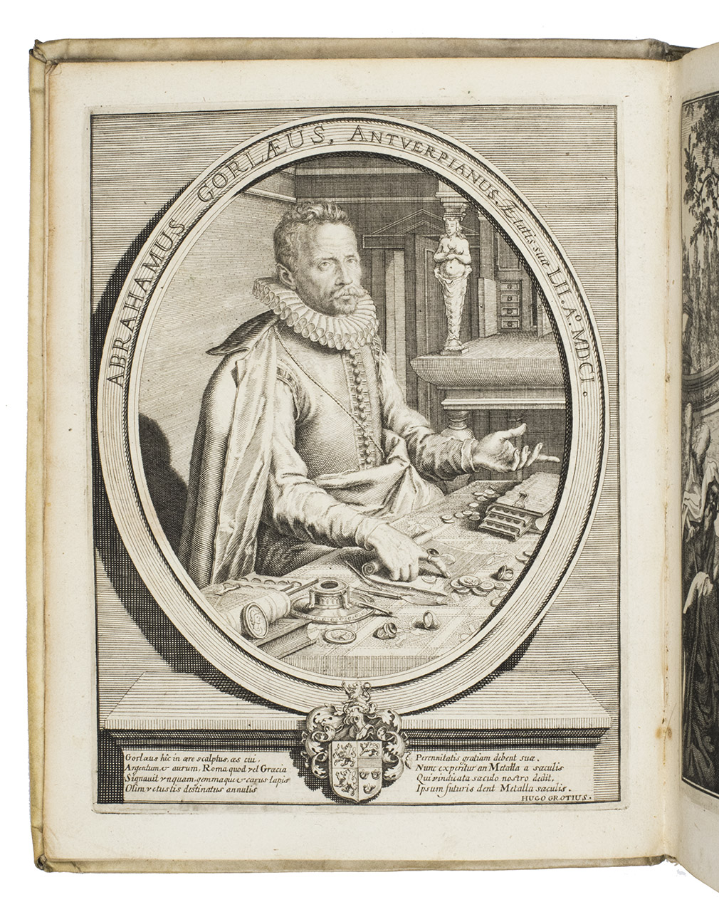 GORLAEUS, Abraham. - Dactyliotheca, seu annulorum sigillarium quorum apud Priscos tam Graecos quam Romanos usus, ex ferro, aere, argento & auro promptuarii … collectis aliunde & ineditis & editis annulorum figuris auctior; cum explicationibus Jacobi Gronovii.Leiden, Petrus van de Aa, 1695. 2 volumes. 4to. With 2 different engraved allegorical title-pages (reflecting the themes of rings and intaglio-carved gems), 2 letterpress title-pages in red and black with one of Van der Aa’s engraved allegorical devices (Minerva/Athena, books, a cock and Hercules/Heracles, with motto