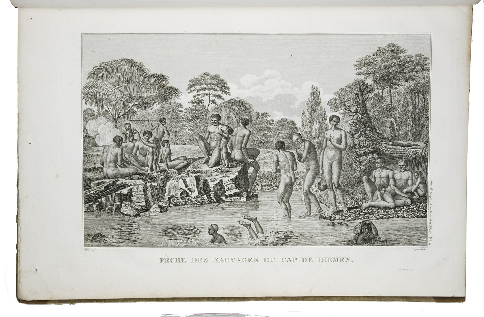 LA BILLARDIERE, Jacques Julien Houtoe de. - Relation du voyage  la recherche de La Prouse, fait par ordre de l'Assemble constituante, pendant les annes 1791, 1792, et pendant la 1ere. et la 2e. anne de la rpublique Franoise.Paris, Hendrik J. Jansen, An VIII [= 1799/1800]. 2 volumes. 8vo. With extensive tables at the end giving daily data from the ship's log and vocabulary lists for various indigenous languages. Contemporary half calf, marbled endpapers, red edges.With: (2) Atlas pour server  la Relation du voyage  la recherche de La Prouse Paris, F. Schoell, 1811. Large folio (51 x 34.5 cm). With an engraved title-page, a large folding map (50 x 73 cm) showing the route taken by the expedition. Also with 43 further plates (ca. 45 x 30 cm), Contemporary half tan sheepskin, 