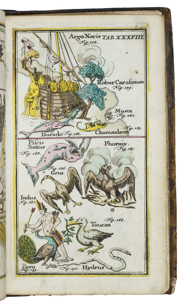 MEIJLAN, Johann Leonard. - Atlas portatilis coelestis. Oder Compendise Vorstellung des gantzen Welt-Gebudes in den Anfangs-Grnden des wahren Astronomie...; sondern auch zugleich daraus, sich einen bessern Begriff von dem wahren Fundament sowol der Geographie als Schiffahrt zueignen kan.Nrnberg, Johann Christoph Weigel, printed by Johann Ernst Adelbulner, 1723. Large 8vo. With a double-page title-page printed in red and black and XXVIII (38) engraved plates (1 double-page) with celestial maps, globes, armillary spheres and astronomical diagrams and constellations, coloured by a contemporary hand and tipped onto the fore-edge, folding out so that they can be viewed while reading the book. Contemporary calf.