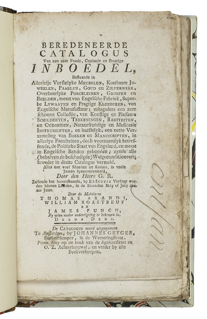 [AUCTION CATALOGUES - FICTITIOUS]. - Beredeneerde catalogus van een zeer fraaie, capitaale en pragtige inboedel ... byeenverzameld, door den Heere G. R. Zullende ... by excutie verkogt worden binnen London, ... in ... May of Juny deezes jaars. Door de makelaers Thomas Brandi, William Roastbeuf en James Punch, ... Derde druk.Amsterdam, Johannes Geyger, [1781].With: (2) Commissie brief van den heere Wilhelmus Batavus, een aanzienlyke Nederlandsche patriot, aan den heere Lambertus Koopmans, commissionair te Londen. Benevens een notitie der commissien, door gemelden heer Batavus gegeeven, op de fraaye capitaale en prachtige inbedoel des heeren G.R.[The Hague?, 1781].(3) Catalogus van eene zo ongemeene zeldzaame, als uitmuntende verzameling van manuschripten[!]. ... byeen vergadert door den Lord W. Gordon ...London [= Amsterdam or The Hague?], sold by Thomas Henly, [1781].(4) Beredeneerde notitie van 't vorstlyke poppe- en speel-goed, der kinderen van den heere G.R. ... [Amsterdam?, 1781].(5) Sleutel of noodige ophelderingen der onlangs uitgekomene catalogus, van een fraaije capitaale en prachtige inboedel ... byeenverzameld, door den heere G.R. ...Dordrecht, Abraham and Pieter Bluss; Rotterdam, Cornelis van den Dries; etc., [1781]. (6) Beredeneerde catalogus eener verzameling van schilderyen, der eerste meesters van Nederland.The Hague, Thomas Pietersz. van Os, [1783/1789?].(7) Beredeneerde catalogus, van eene uitmuntende verzameling schilderyen, door de vermaardste Nederlandsche meesters, uit het Fransch vertaald.Holland, 1783.7 fictitious auction catalogues in 1 volume. 8vo. Ad 2: the introductory letter, from Wilhelmus Batavus to Lambertus Koopmans is dated from The Hague, 15 February 1781. Ad 3: the introductory letter, from Thomas Henly, is dated 2 February 1781. Ad 4: this catalogue presents itself as a second appendix to ad 1. Both the original catalogue and the first appendix describing themselves as catalogues for the sale in May or June 1781. Ad 6: with the supposedly authenticating woodcut on the title-page, showing the coat of arms of William the Silent hanging from a memorial cross. Contemporary half mottled calf, brown spine label with blind-tooled text and with some gold-tooled floral decorations, 20th-century marbled sides and endpapers.
