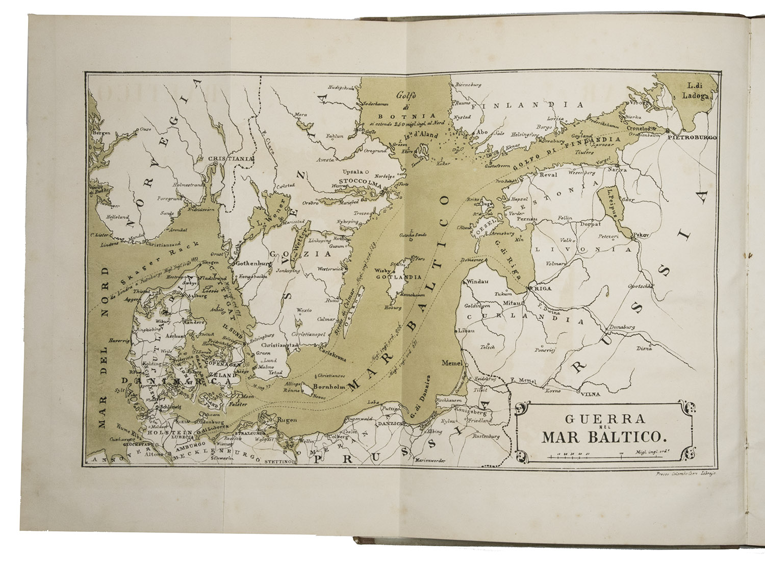 [BOSCHETTI, Ambrogio]. - Il Mar Baltico e le sue coste descritti e illustrati con alcune carte geografiche topografiche ed orografiche per la guerre d'Oriente.Triest, Colombo Coen, 1854. Large 4to (32.5 x 23.5 cm). With 1 folding map of the Baltic Sea as the frontispiece, 1 military plan of Kronstadt, 15 plates of Finnish, Swedish, Baltic and Russian cities, and 1 small illustration in the text on p. 58. Contemporary half brown cloth, grey paper sides, with the publishers front wrapper (for the seconda edizione) printed letterpress on pink paper.