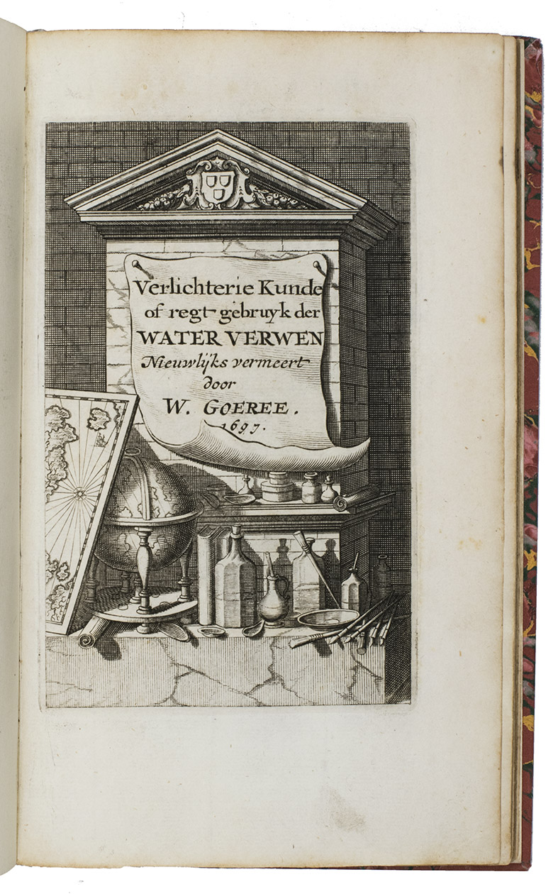BRUGGE, Geerard ter, and Willem GOEREE. - Verligterie-kunde, of, regt gebruik der water-verwen. In welke desselfs kennis, en gebruik tot de schilderkunde, en de illuminatie of verligterie noodig zijnde, kortelijk geleerd word. Eertijds uytgegeven door den voortreflijken verligter Mr. Geerard ter Brugge. Ende nu tot nut der liefhebbers, doorgaans met noodige aanmerkingen vermeerderd, om neffens het illumineeren of afzetten, insonderheid het schilderen met water-verwen te oeffenen, ... Den derden druk.Amsterdam, Daniel van den Dalen, 1697. 8vo. With an engraved title. Modern half sheepskin parchment, marbled paper sides.
