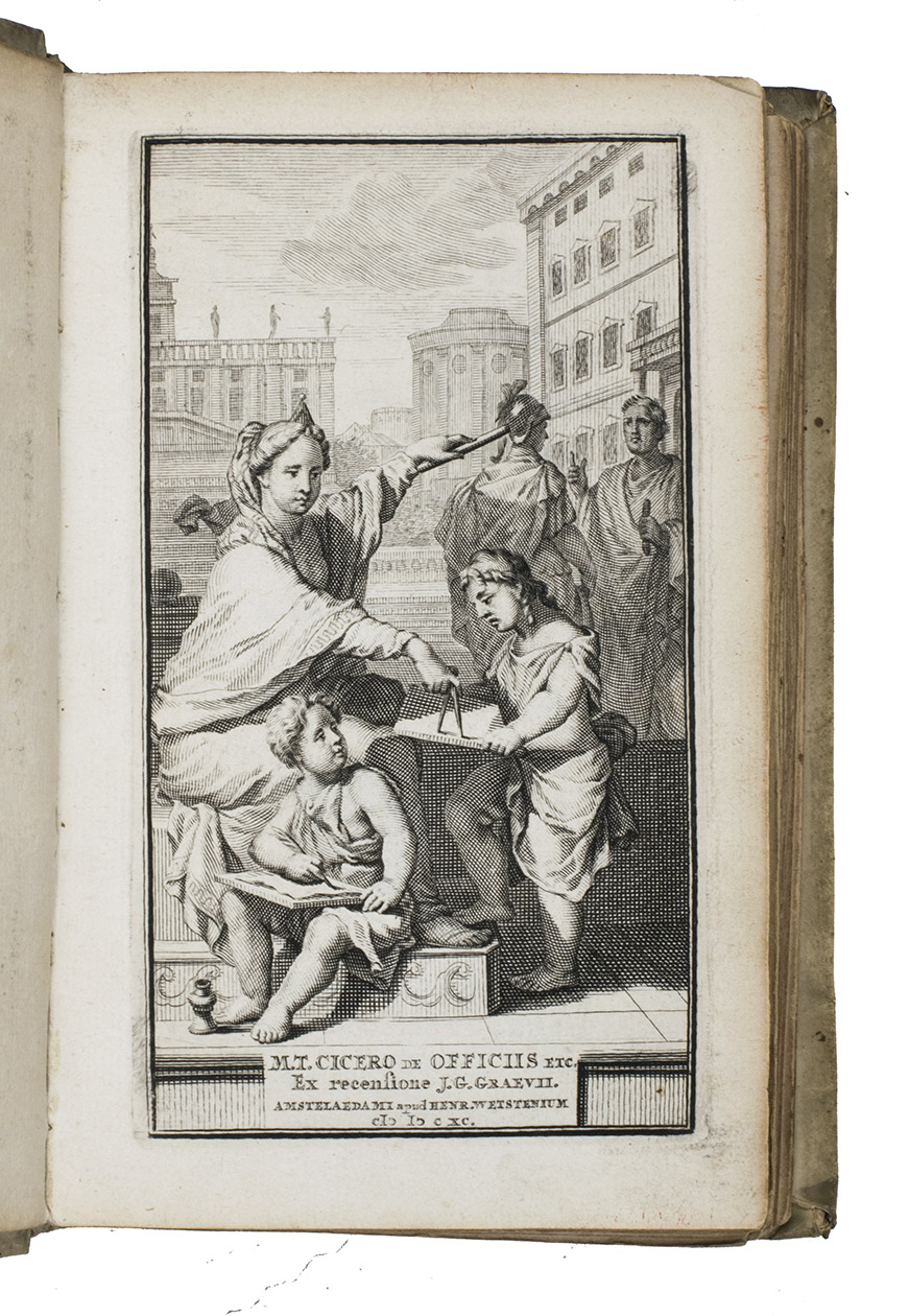 CICERO, Marcus Tullius. - De officiis libri tres. Cato major sive de senectute. Laelius sive de Amiciria. Paradoxa. Somnium Scipionis. Ex recensione Joannis Georgii Graevii cum eiusdem animadversionibus.Amsterdam, Hendrik Wetstein, 1691. 3 parts (books) in 1 volume. 12mo. With an engraved frontispiece, a woodcut vignette on the title-page which is printed in red and black, woodcut initials. Contemporary vellum.