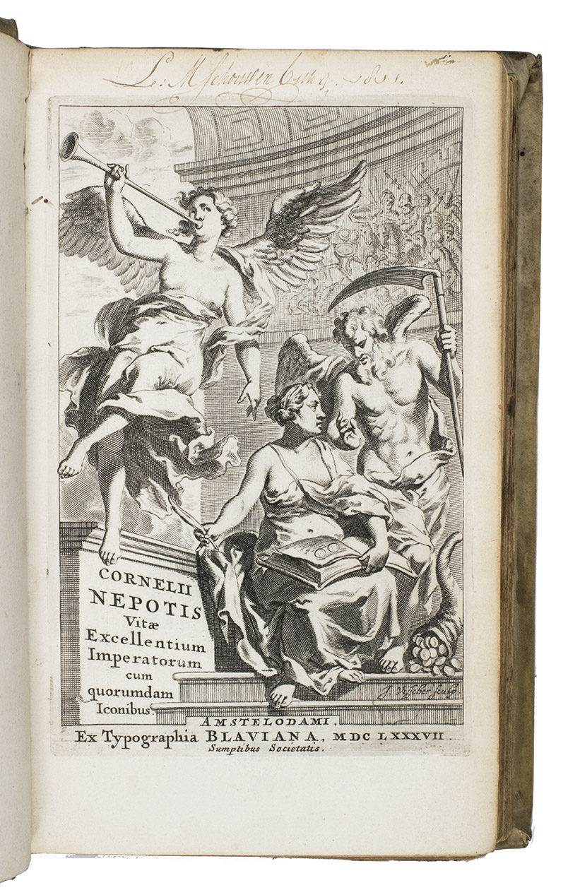 NEPOS, Cornelius. - Vitae excellentium imperatorum, observationibus ac notis commentatorum  illustratae. Accesserunt huic edition praecipuorumn Graeci Imperatorum icons  ut & Index rerum & verborum praecidenti multo auctior & emendatior.Amsterdam, Pieter and Joan Blaeu, prostant apud Abr. Wolfgang, Gillis & Joh. II Janssonio-Waesbergios, Widow Dirk & Henrik Boom, Widow Joh.  Someren, & Rembertus Goethals, 1687. 8vo. With an engraved frontispiece by Jan Visscher (Hollstein Dutch, 175-1(4)), 14 small engravings (mainly used as tailpieces), 11 depicting Greek and Carthaginian commanders in a medallion. Contemporary vellum, author's name written on the spine.