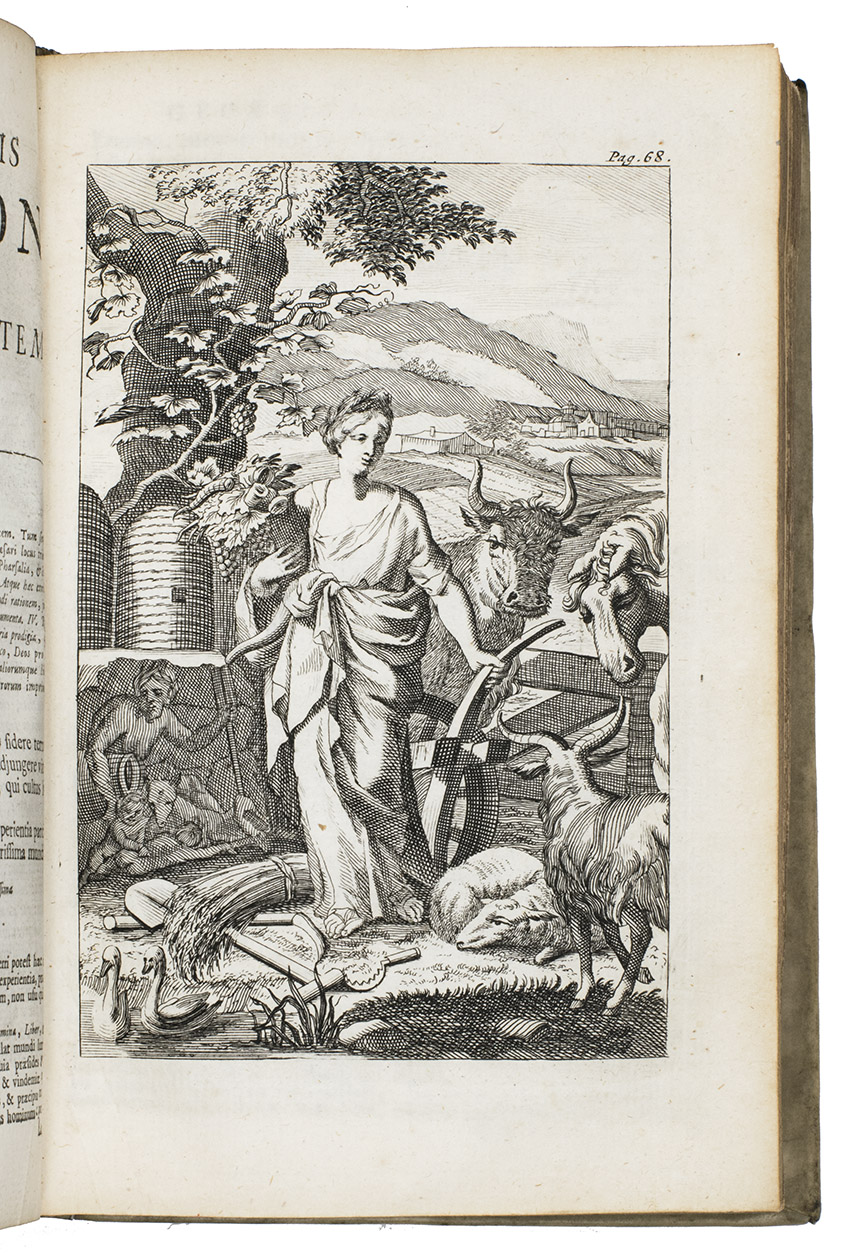 MARO, Publius Virgilius. - Opera. Interpretatione et notis illustravit Carolus Ruaeus, Soc. Jesu, ad usum Serenissimi Delphini. Editio nova, auctior et emendatior  Iuxta editionem noovissimam Parisiensem A. 1722.The Hague, brothers Vaillant & N. Prevost, 1723. 8vo. With a woodcut printer's device on the title, woodcut initials, an engraved folding map of the eastern part of the Mediterranean showing the route of Aeneas on his way home and 8 full-page engravings.