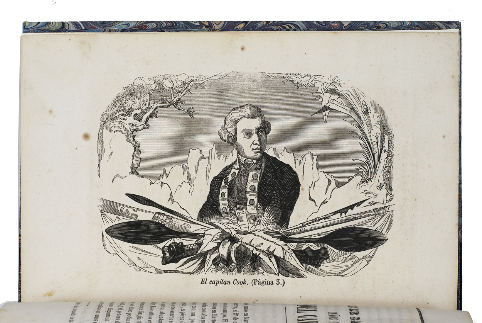 [COOK, James (Don J.M.Y.P. y DON S.C., translator)]. - Historia de los viajes del Capitan Cook. Por mar y tierra traducidos al castellano.Madrid, Doa Teresa Martinez  Hijo, 1853. 8vo. With 4 full-page wood-engraved plates. Modern half black morocco.