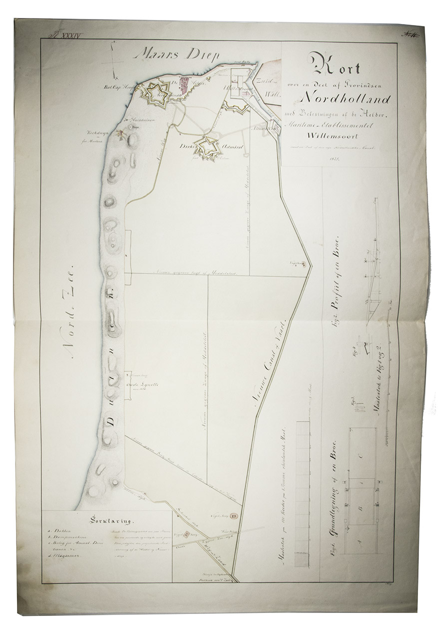 [FORTIFICATION PLAN - DEN HELDER - WILLEMSOORD]. KRAG, Rasmus. - Kort over en deel af provindsen Nordholland med befestningen af de Helder, maritime & etablissementet Willemsoort samt en deel af den nye Nordhollandske Canal.[The Netherlands?], 1825. Double Elephant 1mo sheet (92 x 63 cm). With a pen and ink-drawn fortification plan (ca. 85 x 55 cm) of the Den Helder fortifications and the marine shipyard Willemsoord, coloured by a contemporary hand, with a manuscript title, scales and a key in Danish, written in a fine and legible 19th-century hand surrounding the plan. On Whatman wove paper. Folded.