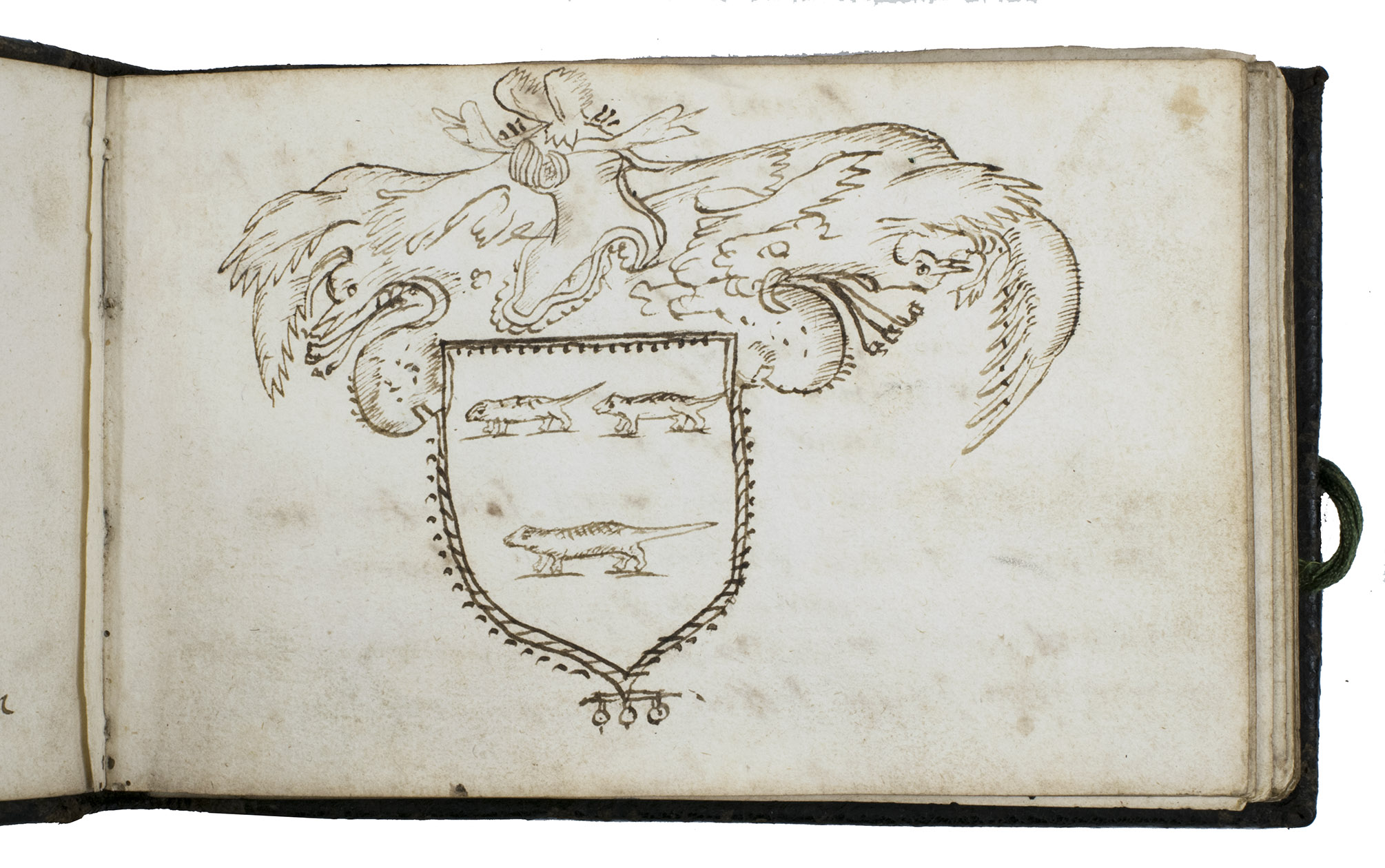 [GENEALOGY & HERALDRY - ROORDA FAMILY]. RODA, Dirk Daniels, and others. - [Manuscript family chronicle of members of the Roda, Werdolen and Bos families].[The Netherlands, mostly written between ca. 1747 and 1798 but incorporating several pages written in the second half of the 17th century and some writing from 1829]. Oblong 8vo (ca. 10.5 x 16 cm). Manuscript on paper, written in brown and black ink in several -, 17th-, 18th- and 19th-century hands. With a full-page unidentified coat-of-arms in brown ink and a page containing 6 smaller crests of branches of the Roorda family in black ink. 18th-century gold-tooled calf, gilt edges, green cloth ties.