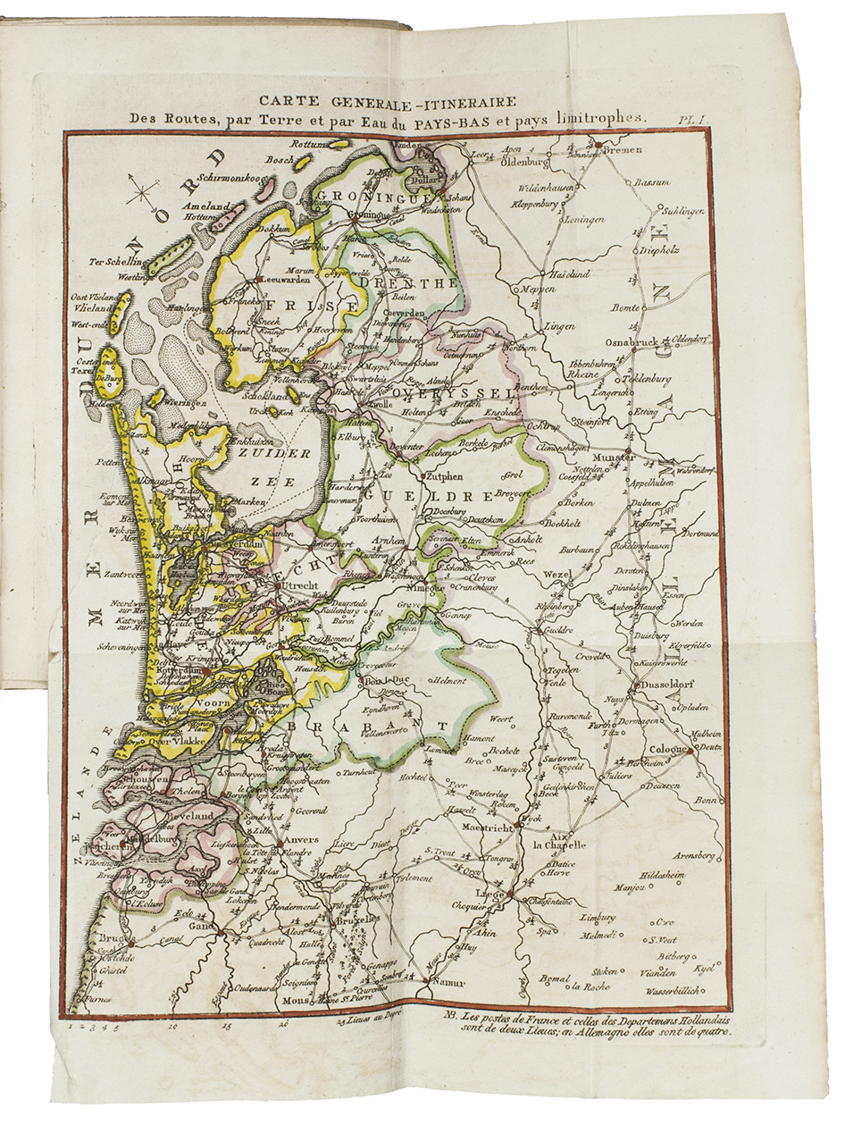 [TRAVEL GUIDE - THE NETHERLANDS]. - Le voyageur dans les Pays-Bas Unis. Ouvrage indispensable pour chacun qui voyage dans ces Pays. Orn de 28 cartes, plans, vues, etc.Amsterdam, Evert Maaskamp, 1815. 12mo. With a title vignette showing the Amsterdam publishing house of Evert Maaskamp, 3 folding maps, 13 double-page maps by I.B.D.B., 3 double-page city plans of Amsterdam, the Hague and Rotterdam, 6 full-page plates of the coins in use in The Netherlands on 1 folding leaf and 2 full-page plates of the ground floor of the Amsterdam city hall and Paleis Het Loo; all coloured by a contemporary hand. Original publisher's blue paper wrappers over boards.