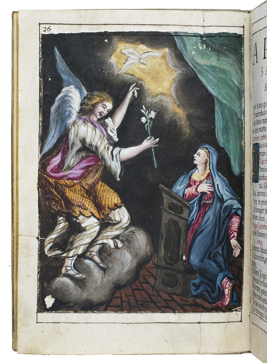[MANUSCRIPT - SERVICE BOOK - DIVINE OFFICES]. - Ordine da osservarsi nell'oratorio di Santa Maria di Passione, circa gli Essercicii Spirituali delle feste cavato dalla Regola maggiore.[Milan], [18th-century]. Folio (27,5 x 18,5 cm). With 5 full-page and 2 half-page, hand-painted religious illustrations and 9 hand-painted initials on a blue background, heightened with gold and silver. 18th-century gold- and blind-tooled parchment, each board with a blind ornamental centre-piece ornament in a blind-tooled frame, in a larger frame of gold fillets, with a gold flower in each of the 6 spine compartments.
