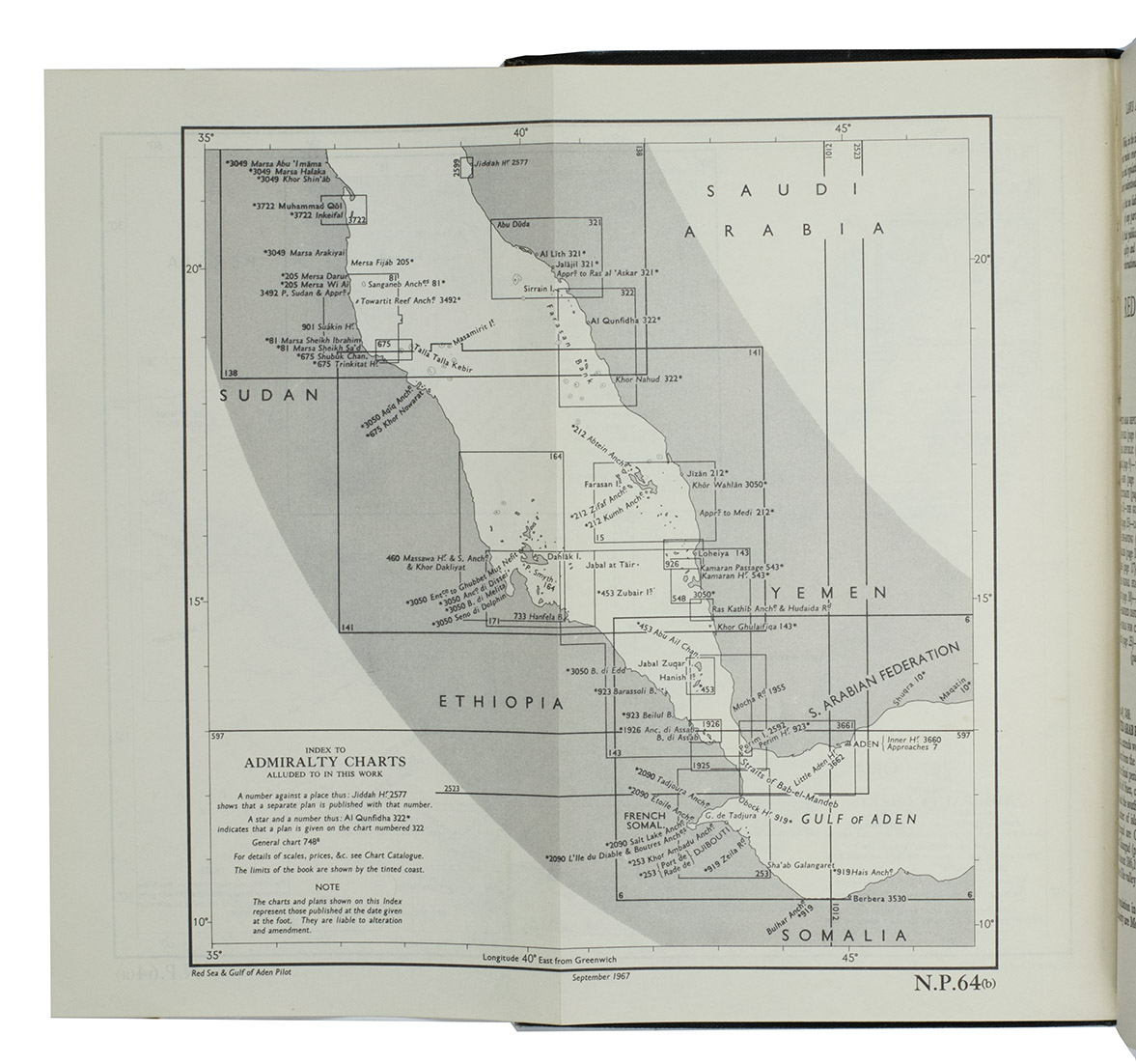 [NAVIGATION - RED SEA - PILOT GUIDE]. - Red Sea and Gulf of Aden pilot comprising the Suez Canal, the Gulfs of Suez and Aqaba, the Red Sea, the Gulf of Aden, the South-East coast of Arabia from Ras Baghashwa to Ras Al Hadd, the coast of Africa from Ras Asir to Ras Hafun, Socotra and its adjacent islands.London, United Kingdom Hydrographic Office, 1967. Large 8vo. The main work with 3 maps (including 2 folding) and 82 views of coastal profiles on 52 plates. The supplement with 2 folding maps (on the two sides of a single folding leaf) and 4 views of coastal profiles on 3 pages. With: [NAVIGATION - RED SEA - PILOT GUIDE]. Supplement No. 7 - 1977 to Red Sea and Gulf of Aden pilot (eleventh edition, 1967) corrected to 4th March, 1977 Whenever reference is made to the pilot this supplement must be consulted.London, United Kingdom Hydrographic Office, 1977.Grey-blue back wrapper; the two quires, map and back wrapper held together by two metal staples. Blue cloth with title information in yellow on front cover and spine, the supplement loosely inserted at the end of the volume.