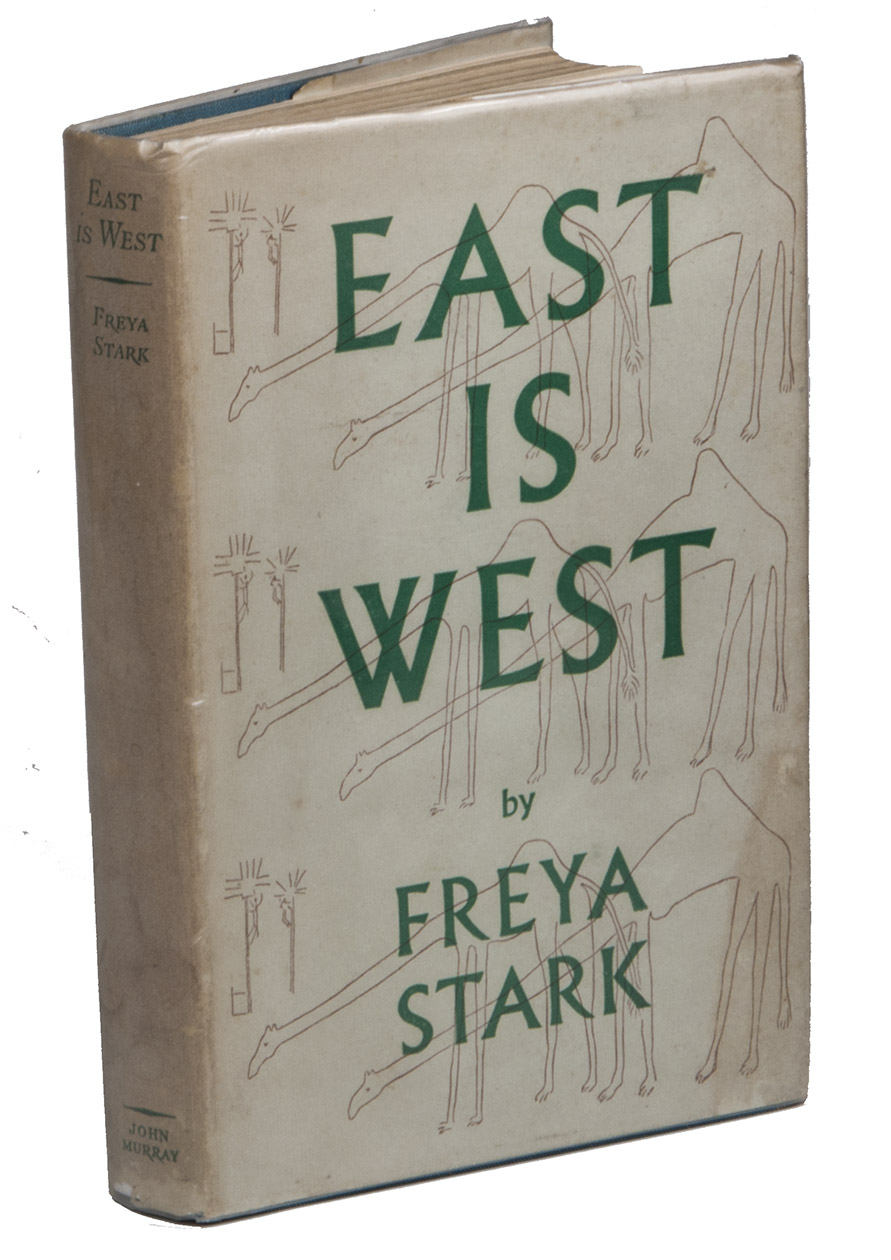 STARK, Freya. - East is west.London, John Murray, 1945. 8vo. Red and black title-page with a small illustration of two people. With a frontispiece, a map of the Middle East on green paper, titled: 
