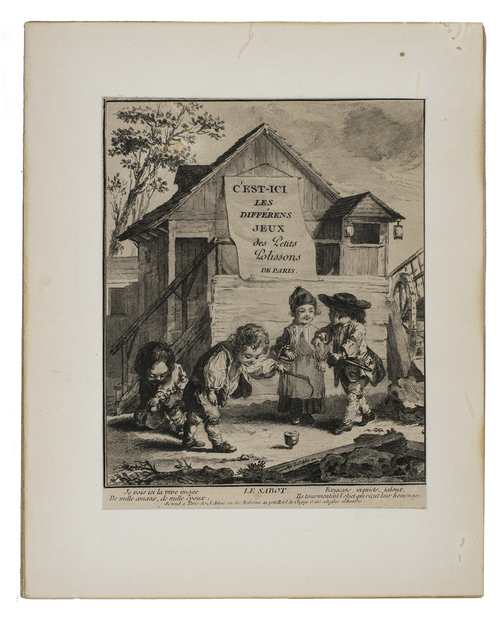 SAINT-AUBIN, Augustin de. - C'est-ici les diffrens jeux de petits polissons de Paris.Paris, 1770. 4to (ca. 24.5 x 18.5 cm). A series of 6 unnumbered engraved prints (ca. 17 x 22 cm) representing children playing games. Each print is mounted on a paper leaf in a passe-partout (30 x 24 cm).