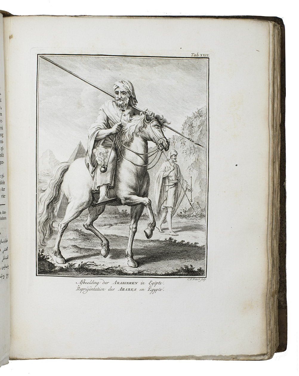 NIEBUHR, Carsten. - Reize naar Arabi en andere omliggende landen.Amsterdam, S.J. Baalde; Utrecht,  J. van Schoonhoven & Comp. (vol. 1) and Bartholomeus Wild (vol. 2) (colophons: printed in Utrecht by Johan Joseph Besseling), 1776-1780. 2 volumes. 4to (27.5 x 22 cm). With 2 engraved title-pages, each with the same vignette, 35 maps and plans (9 folding and the large map of Yemen coloured by hand in red and green outlines), 21 views (12 folding) and 69 other illustrations (19 folding) of people, sculptures and examples of ancient script, engraved by C. Philips, Th. and C.H. Koning, C.J. de Huyser, C.F. Fritsch, C. Brouwer and others. Half calf, sprinkled paper sides, gold-tooled spine with a red title label with gold lettering.