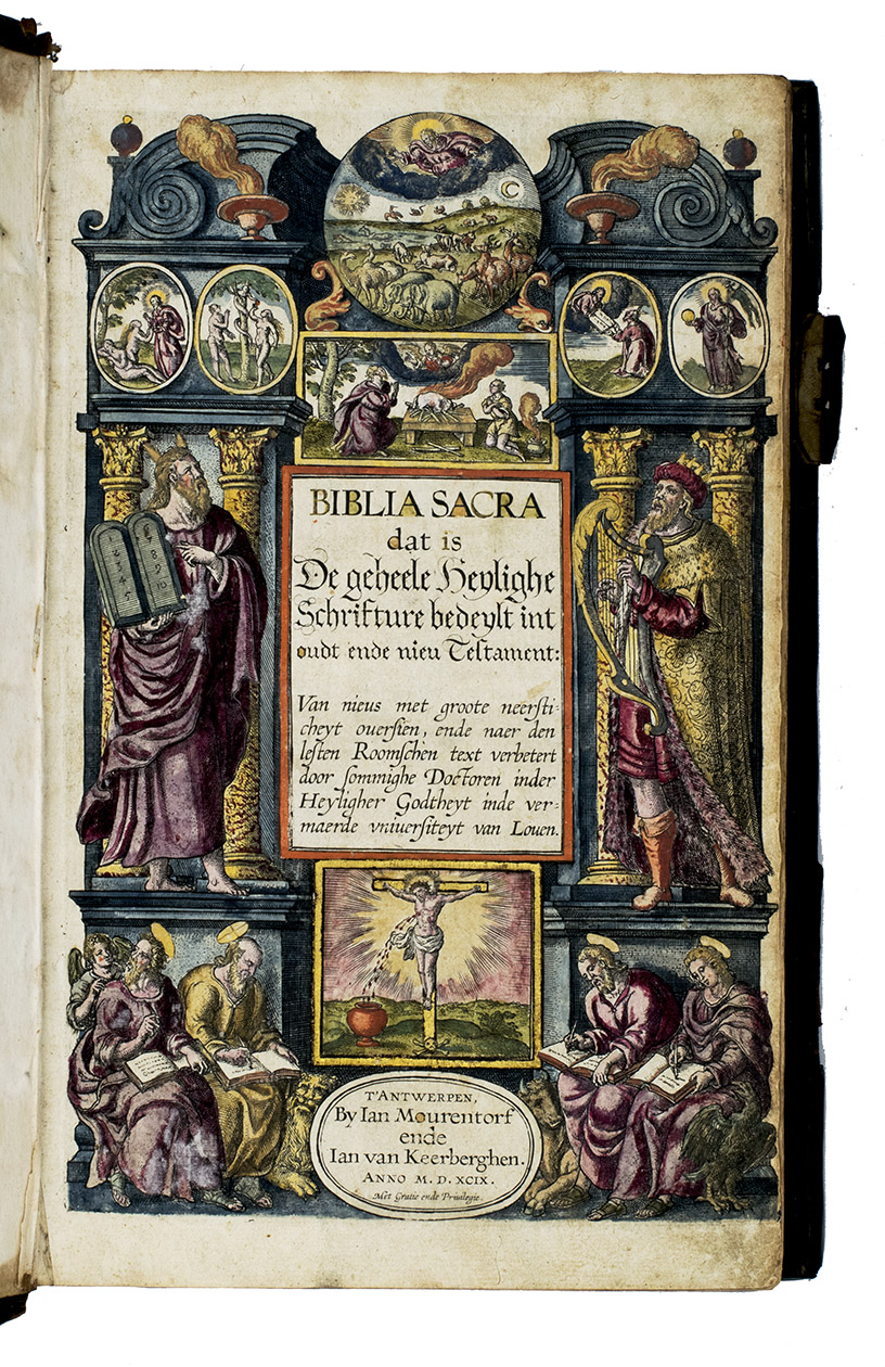 [BIBLE - DUTCH - VULGATE]. - Biblia sacra. Dat is de geheele heylighe schrifture bedeylt int out ende nieu Testament: van nieus met groote neersticheyt oversien, ende naer den lesten Roomschen text verbetert door sommighe doctoren inder Heyligher Godtheyt inde vermaerde universiteyt van Loven.Antwerp, (colophon: printed by Daniel Vervliet and Hendrik Swingen for) Jan I Moretus & Jan I van Keerberghen, 1599. 2 volumes bound as 1. Folio. With an engraved title page (coloured by a contemporary hand with extensive use of gold) showing Moses on the left, David on the right, and the four evangelists below, and 90 woodcuts in the text of both the Old and the New Testament, all except one vividly coloured by a contemporary hand. Contemporary richly blind-tooled calf over wooden boards, sewn on 5 supports, with brass catchplates, remnants of leather strap fastenings, brass corner pieces on all corners and a brass centrepiece on each board, all with brass bosses.