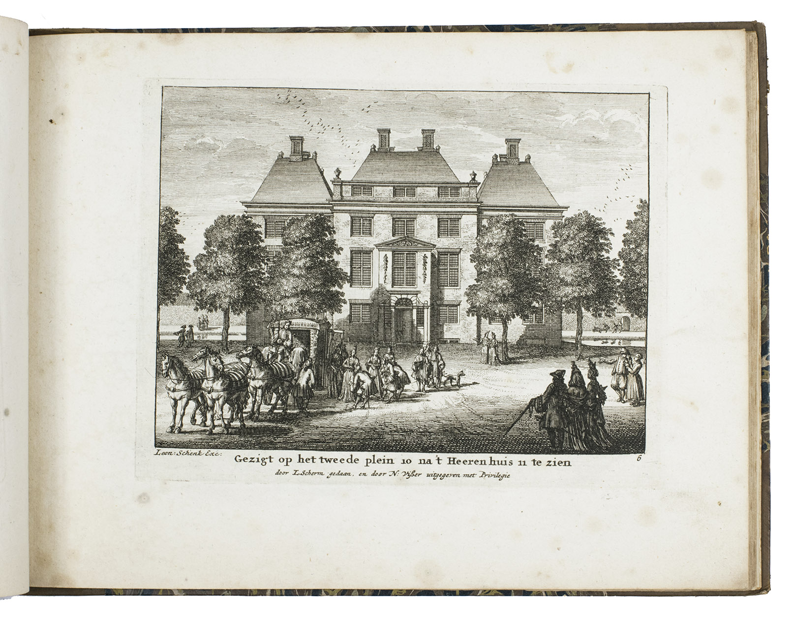 STOOPENDAAL, Daniel and Laurens SCHERM. - Verscheyde schoone en vermaakelyke gezigten, in de Hofstede van Clingendaal gelegen by 's Gravenhage.[Amsterdam], Nicolaas Visscher, [ca. 1697/1701]. Small oblong folio (18 x 24 cm). With 32 numbered engraved prints (13 x 16.5 cm), including the title-page, captioned in Dutch, with views of the country house and gardens of Clingendaal near The Hague, designed and etched and engraved by Daniel Stoopendaal, Laurens Scherm and Leon Schenk. Blind- or black-tooled half calf (ca. 1900), marbled paper sides and endpapers.
