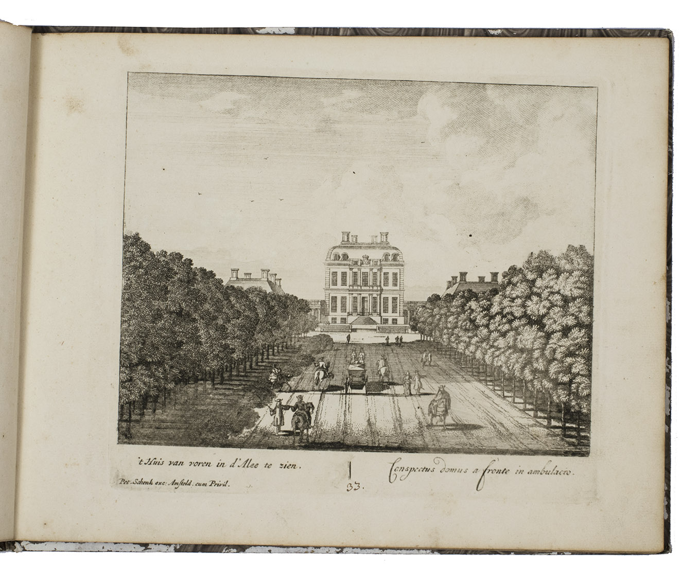 SCHENK, Pieter. - Delineatio domus recreatricis adjacentiumq[ue] prospectuum amoenissimorum extra urbem Zutphaniensem, auspicys & jussu ... Arnoldi Justi ...Amsterdam, Pieter Schenk, [1702 or ca. 1720]. Oblong 4to (21 x 27 cm). With an engraved title-page and 16 numbered engraved views (ca. 15 x 19 cm), each with a caption in Dutch and Latin below the border, mostly in two lines. 19th-century grey-brown paste-paper with a wave pattern over boards.