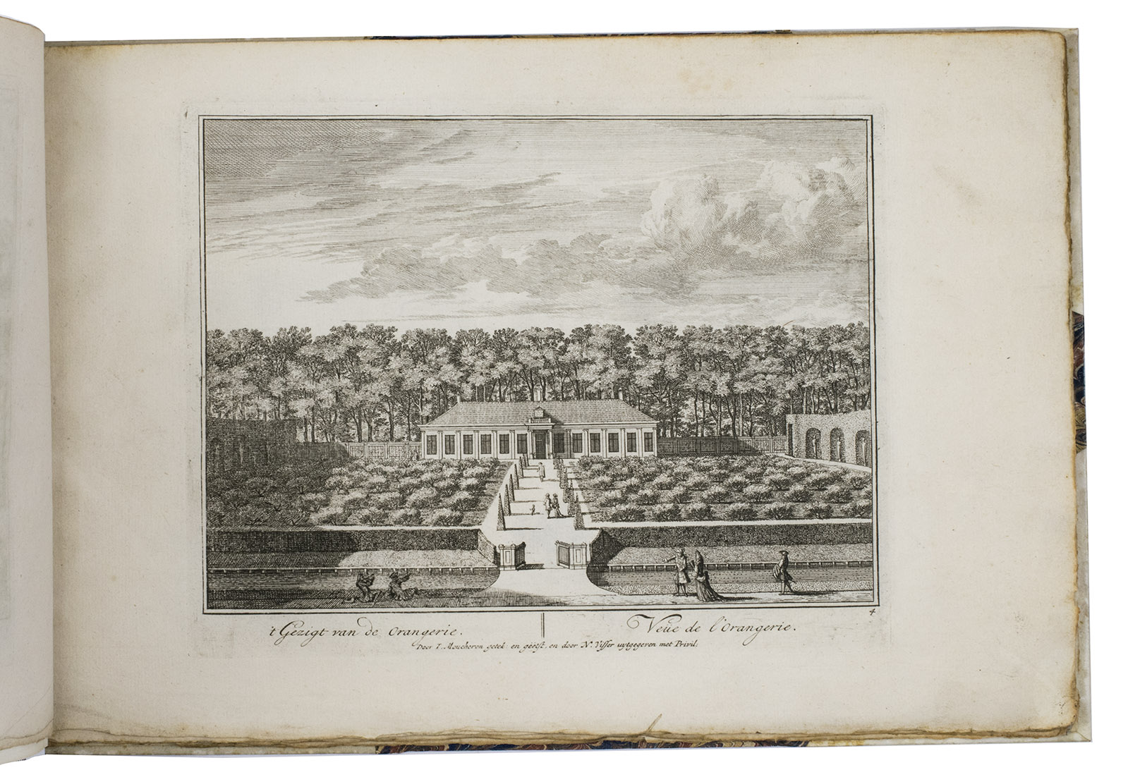 MOUCHERON, Isaac de. - Plusieurs belles, et plaisante vees et la cour de Heemstede, dans la Province d'Utrecht. | Verscheyde schoone en vermaakelyke gezigten van Heemstede, gelegen in de Provintie van Utrecht.[Amsterdam], Hendrik de Leth, [ca. 1731/40]. Small oblong folio (22 x 32.5 cm). With 26 numbered engraved prints, including the title-page.   20th-century half vellum, marbled paper sides.