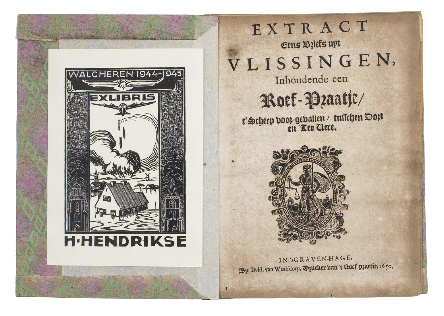 [WIC - EXTRACT]. - Extract eens briefs uyt Vlissingen, inhoudende een roef-praatje, t'scheep voor-gevallen tusschen Dort en Ter Vere.The Hague, D.H. van Waalsdorp (= Antwerpen, H. Verdussen), 1650. 4to. Woodcut of printers device on title page Contemporary brown paper wrappers.