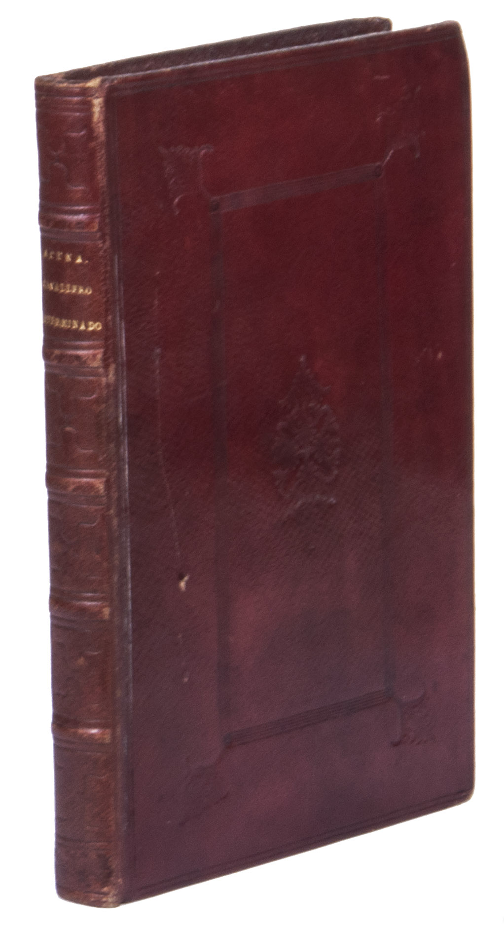 [MARCHE, Olivier de La] and Hernando de ACUA (translator). - El cavallero determinado, traduzido de lengua Francesa en Castellana por Don Hernando Acua. Antwerp, Officina Plantiniana (the widow of Plantin, Jeanne Rivire and Jean Moretus), 1591. 8vo. With an etched vignette on the title page, 20 full-page etchings, a full-page printer's device at the end, decorated woodcut initials, and woodcut tailpieces. Late 18th- or early 19th-century diced and blind-tooled red morocco, with the title and author lettered in gold on the spine, with an almond shaped ornament in the center of both boards, surrounded by two fillet frames, blind tooled board edges and turn-ins, marbled end papers.