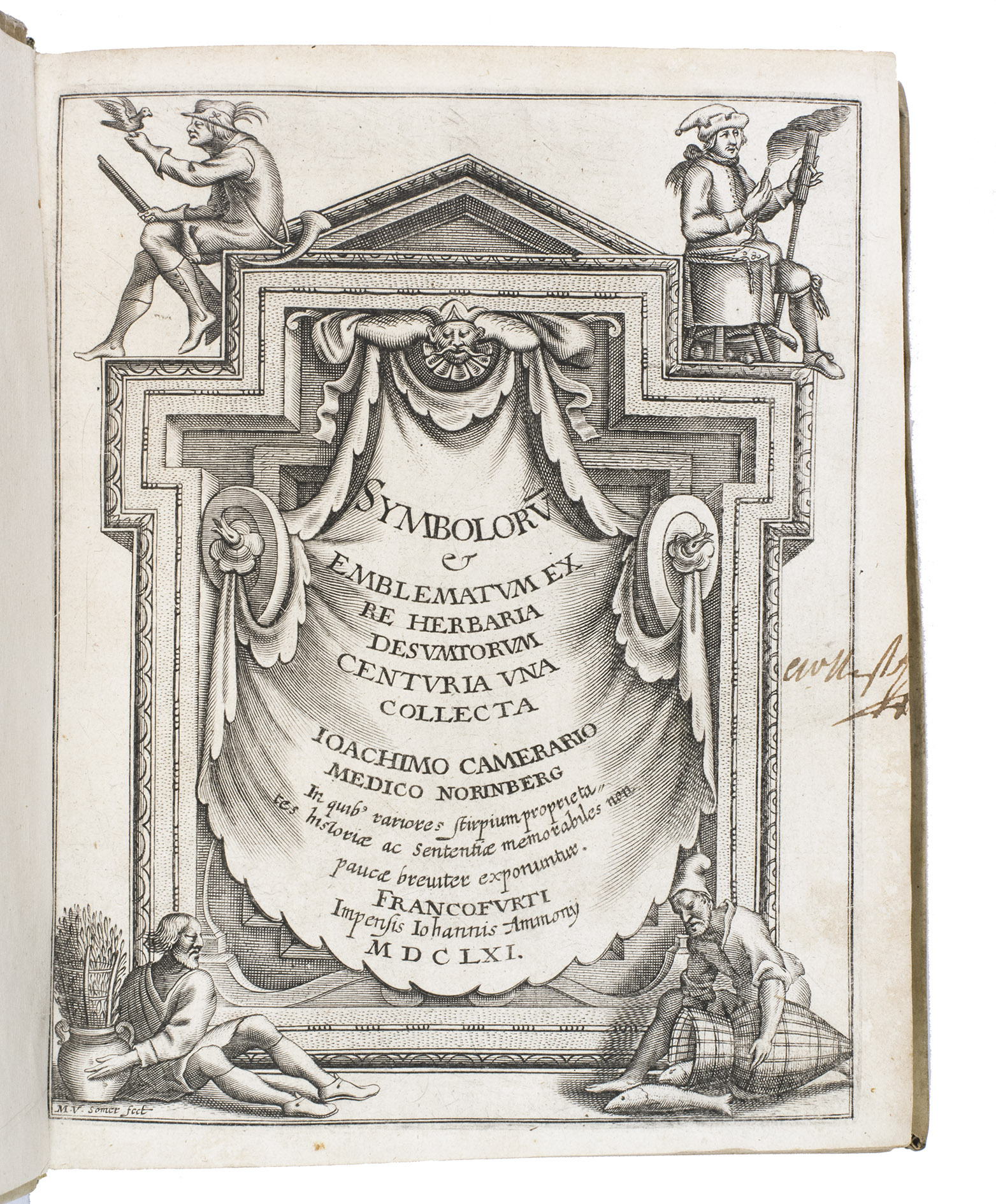 CAMERARIUS, Joachim. - Symbolorum & emblematum ex re herbaria desumtorum centuria una.Frankfurt am Main, Johann Wilhelm Ammon, 1661. With:(2) IDEM. Symbolorum & emblematum et animalibus quadrupedibus desumtorum centuria altera.Frankfurt am Main, Johann Wilhelm Ammon, 1661.(3) IDEM. Symbolorum & emblematum ex volatilibus et insectis desumtorum centuria tertia.Frankfurt am Main, Johann Wilhelm Ammon, 1654.(4) CAMERARIUS, Joachim and Ludwig CAMERARIUS. Symbolorum et emblematum ex aquatilibus et reptilibus desumtorum centuria quarta.Heidelberg, Ludwig Bourgeat, 1664. 4 works in 1 volume. 4to. Each work with an engraved title page, 100 round engraved emblems (a total of 400), and numerous woodcut initials. (Near) contemporary overlapping vellum, sewn on 4 supports laced through the joints, with a beige leather title label lettered in gold on the spine.