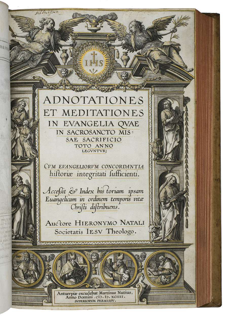 NATALIS, Hieronymus (Jernimo NADAL). - Evangelicae historiae imagines ex ordine evangeliorum, quae toto anno in missae sacrificio recitantur, in ordinem temporis vitae Christi digestae.Antwerp, [Martinus Nutius], 1593.With: (2) IDEM. Adnotationes et meditationes in evangelia quae in sacrosancto missae sacrificio toto anno leguntur. Cum evangeliorum concordantial historiae integritati sufficienti. Antwerp, Martinus Nutius, 1594 (colophon dated 1595). 2 works in 1 volume. Folio. Each work with an engraved allegorical title-page, extensively highlighted in gold, and woodcut initials and headpieces. Ad 1 contains a print series showing the life of Christ in 153 full-page engravings by the Wierix brothers, Jan II and Adriaen Collaert and Charles de Malery after Bernardo Passari and Maarten de Vos. It also has an engraved allegorical and ornamental headpiece on A2, reading IHS In nomine Jesu. Mid 19th-century light brown calf with a blind-tooled ornamental frame on both boards, a gold-tooled spine, a black morocco spine label with the title in gold, red edges and marbled endpapers.