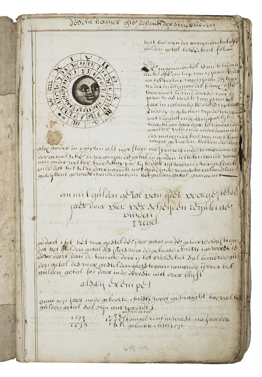 [MANUSCRIPT - NAVIGATION - DUTCH]. - De schat kamer ofte de konst der stuurlieden.[The Netherlands], [ca. 1702/13?]. Folio (33.5 x 21.5 cm). With more than 300 mathematical figures and illustrations, mainly full-, half- and quarter-circle diagrams. The Dutch text is written in a clearly legible, 18th-century cursive hand in brown ink. Contemporary flexible paperboards.