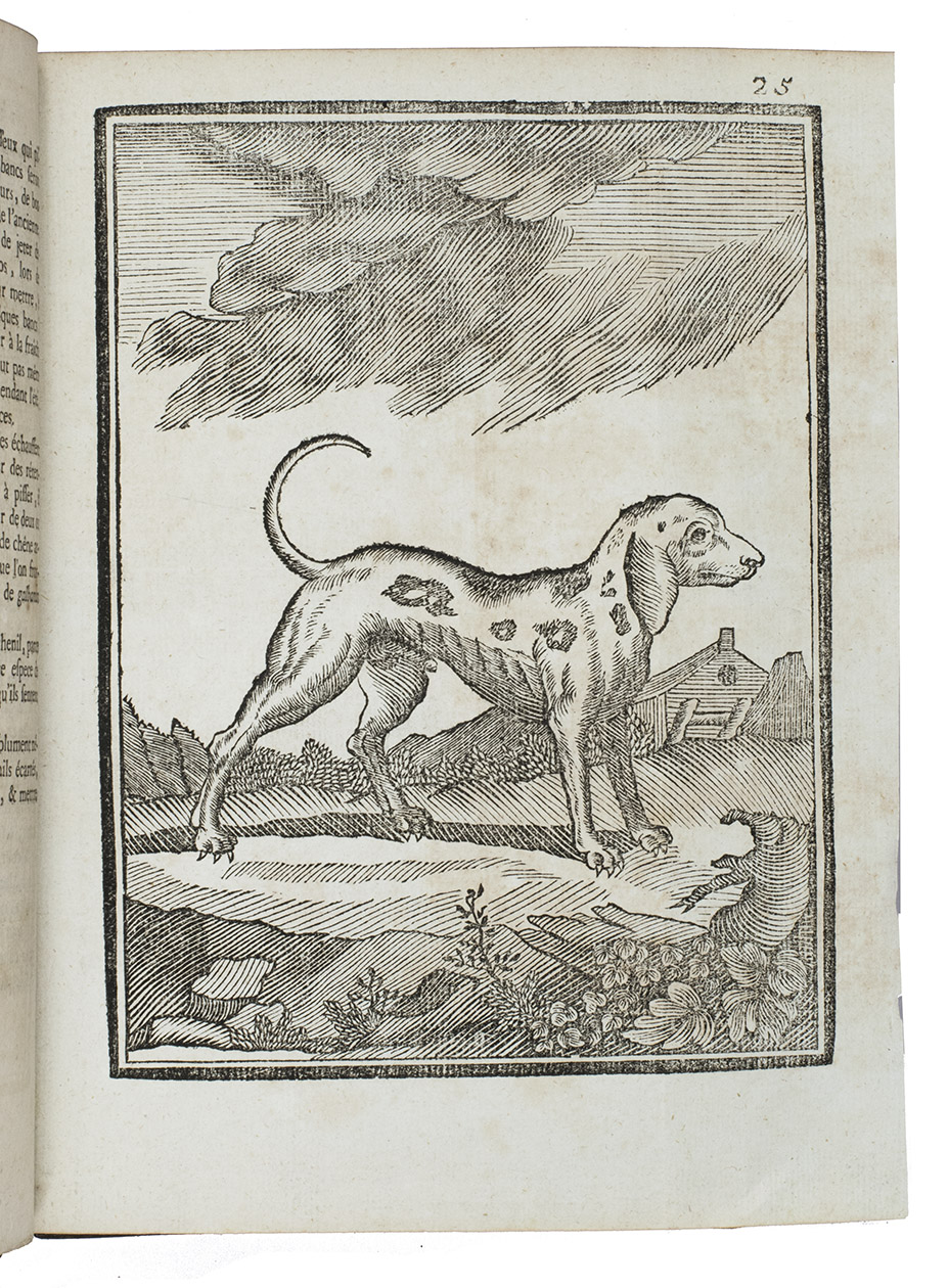 LE VERRIER DE LA CONTERIE, Jean-Baptiste-Jacques. - Venerie normande, ou l'ecole de la chasse aux chiens courants, pour le lievre, le chevreuil, le cerf, le daim, le sanglier, le loup, le renard & la loutre; Avec les tons de chasse, accompagnés de chacun une explication sur l'occasion & les circonstances où ils doivent être sonnés; Et un traité des remedes, un traité sur le droit de suite, & un dictionnaire des termes de chasse, &c.Rouen, Laurent Dumesnil, 1778. 8vo. With 27 woodcuts on 19 leaves and a complete engraved quire of 14 pages, printed both sides with mensural music for hunting calls and fanfares, with explanatory text. Gold-tooled tan calf (ca. 1850?), signed at the foot of the spine by “Koehler” (François Koehler in Paris).