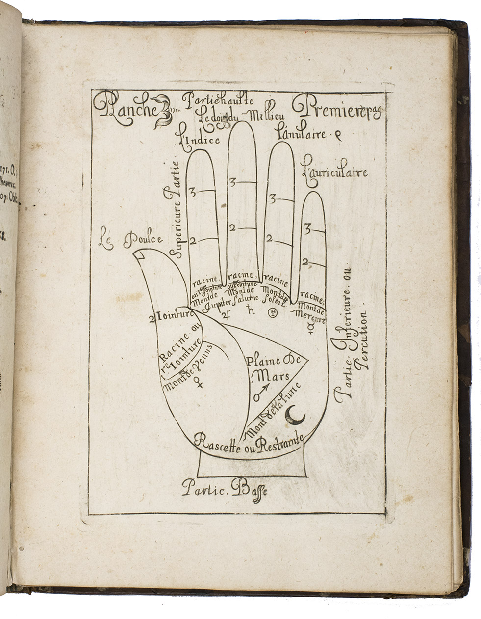 [TAISNIER, Jean (?)]. - La science curieuse, ou trait de la chyromance, rcueilly des plus graves autheurs que ont trait de cette matiere, & plus exactement recherch qu'il n'a est cy-devant par aucun autre.Paris, Francois Clousier, 1665. 4to (21.5 x 16.5 cm). Illustrated with 90 engraved plates (9 showing 1 full-page hand each, 1 table and 80 showing 16 smaller hands each, with the relevant lines for reading palms). With 1 woodcut decorated initial, and several woodcut head- and tailpieces. Contemporary mottled calf, sewn on 5 supports, gold-tooled board edges, gold-tooled spine with the title lettered in gold.