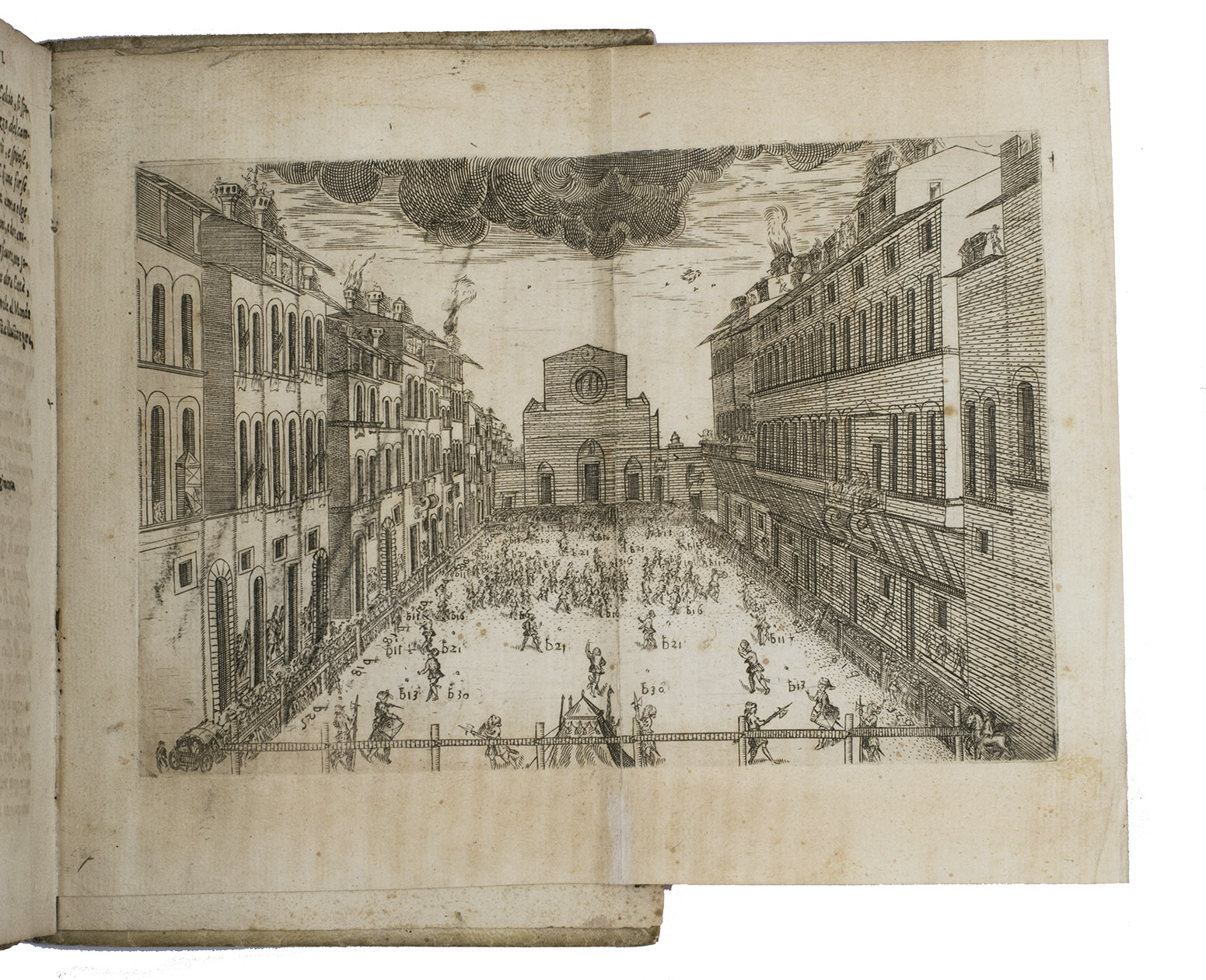 [BARDI, Giovanni de']. - Discorso sopra'l giuoco del calcio Fiorentino. Del Puro Accademico Alterato. Di nuovo ristampato.Florence, Cosimo Giunti, 1615. 4to. With the woodcut arms of the dedicateeon the title-page, 1 folding engraved plate, 2 woodcut decorated initials and decorations built up from arabesque typographic ornaments. Early limp sheepskin parchment (possibly taken from another book) with manuscript title on the spine.