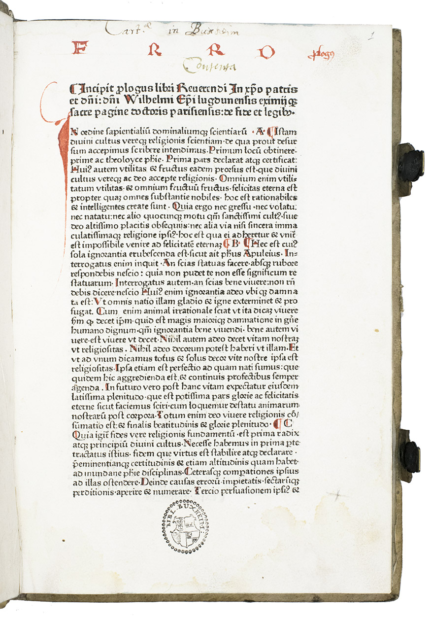 ALVERNUS, Guillelmus (William of AUVERGNE). - Libri ... de fide et legibus.[Augsburg, Gnther Zainer, ca. 1475/1476]. Small folio. Set in a hybrid roman type with gothic elements (a single column of 43 lines per page plus running heads), with the first 3 lines, including the title, in a slightly larger rotunda gothic. With all initials supplied in manuscript in red, rubricated throughout. Contemporary, richly blind-tooled vellum over wooden boards, two brass clasps, blue edges, 