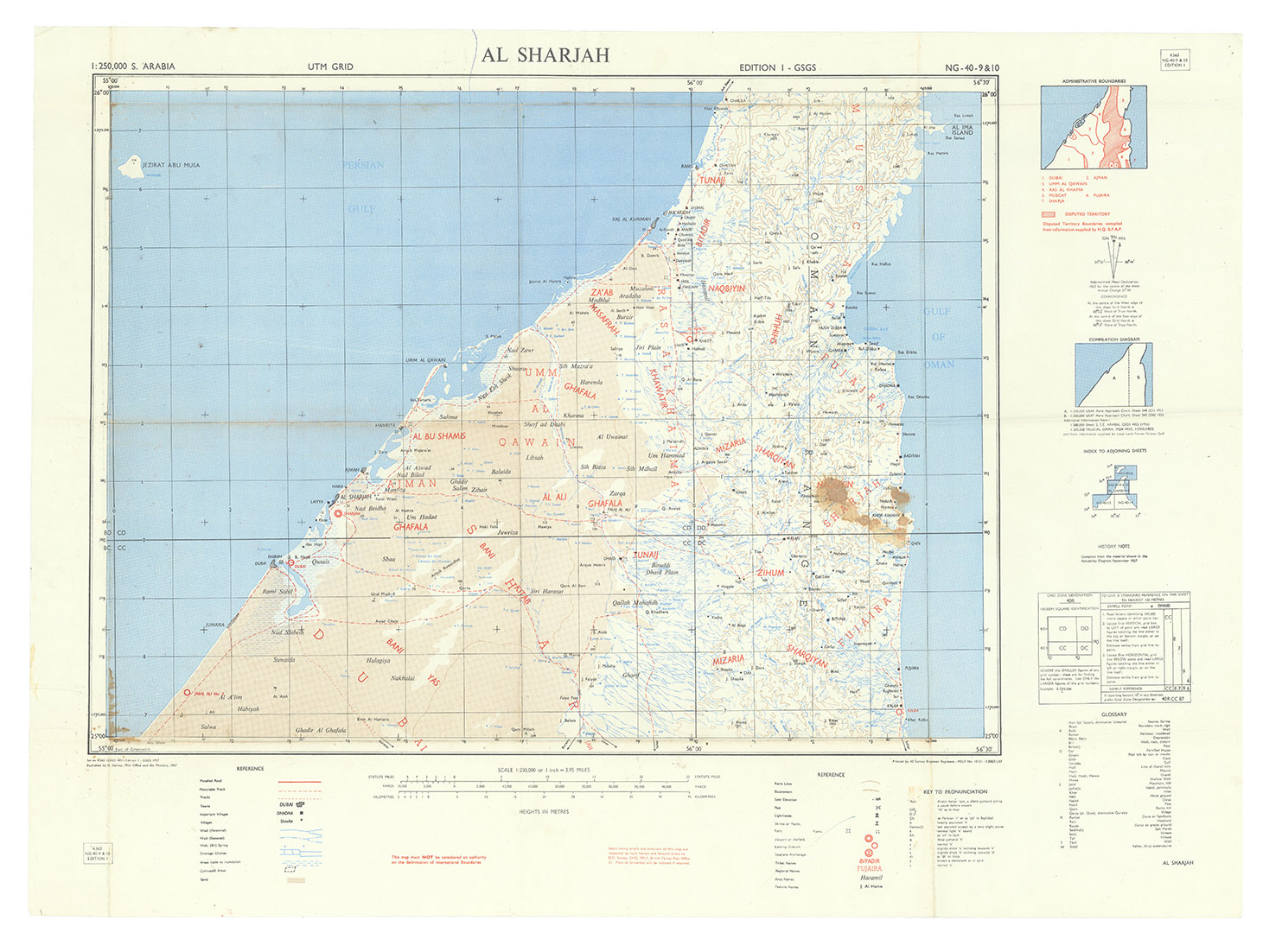 [UNITED ARAB EMIRATES]. - Al Sharjah. Series K563 (GSGS 4851) NG-40-9 & 10, Edition 1. [London], D. Survey, War Office and Air Ministry, 1957. Colour-printed map, ca. 60 x 83.5 cm. Scale 1:250,000.
