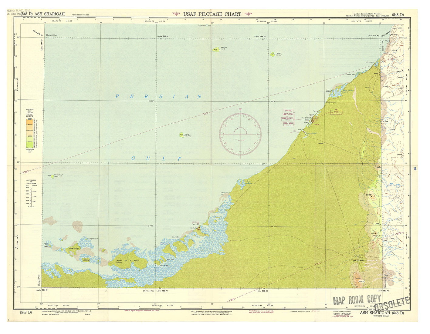 [UNITED ARAB EMIRATES]. - USAF Pilotage Chart. Ash Sharigah (548 D). Trucial Oman. Washington, DC, Aeronautical Chart Service, U.S. Air Force, 1948-1950. Colour-printed map, 554 x 733 mm. Constant ratio linear horizontal scale 1:500,000., Lambert Conformal Conic Projection. Relief shown by contours, shading, gradient tints, and spot heights. Key printed on verso.
