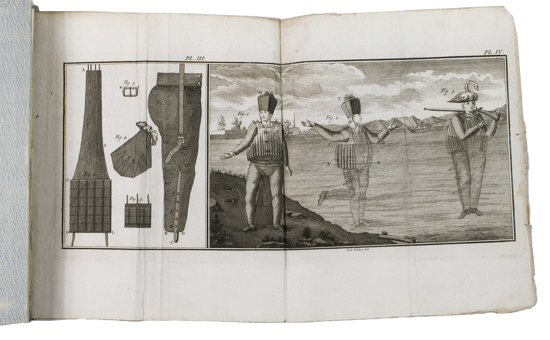 [LA CHAPELLE, Jean-Baptiste de and Cornelis van ENGELEN (translator)]. - De zee tot land gemaakt, of, alle landing zeker gesteld, bevattende een onfeilbaar middel, om niet alleen alle drenkelingen, en als men 't ongeluk heeft van in 't water te vallen, zich zelven, te redden, maar ook om gehele armen, door een rivier, ja door een zee heen, tegen een vijandlijk land aan te voeren.Amsterdam, J. W. Werlingshoff, 1805. 8vo. With 4 engraved plates on 2 folding leaves. Later quarter vellum, blue decorated paper sides.