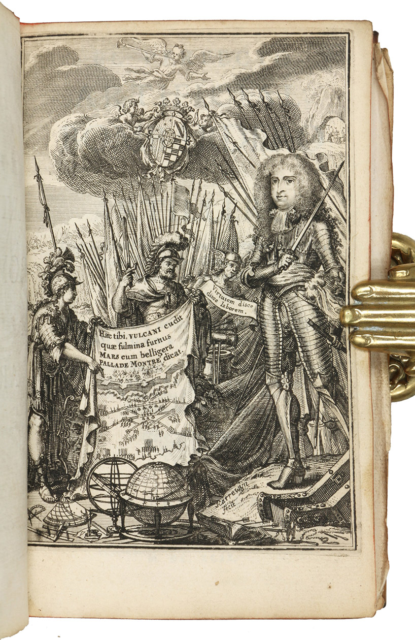 FERNNDEZ DE MEDRANO, Sebastin. - El perfecto artificial, bombardero y artillero, que contiene los artificios de fuegos marciales, nuevo uso de bombas, granadas, y practica de la artilleria, y mosquete, &c.Brussels, Lambert Marcht, 1699. 8vo. With an engraved frontispiece and 9 numbered folding engraved plates. Contemporary vellum with a later black spine label lettered in gold, red edges.