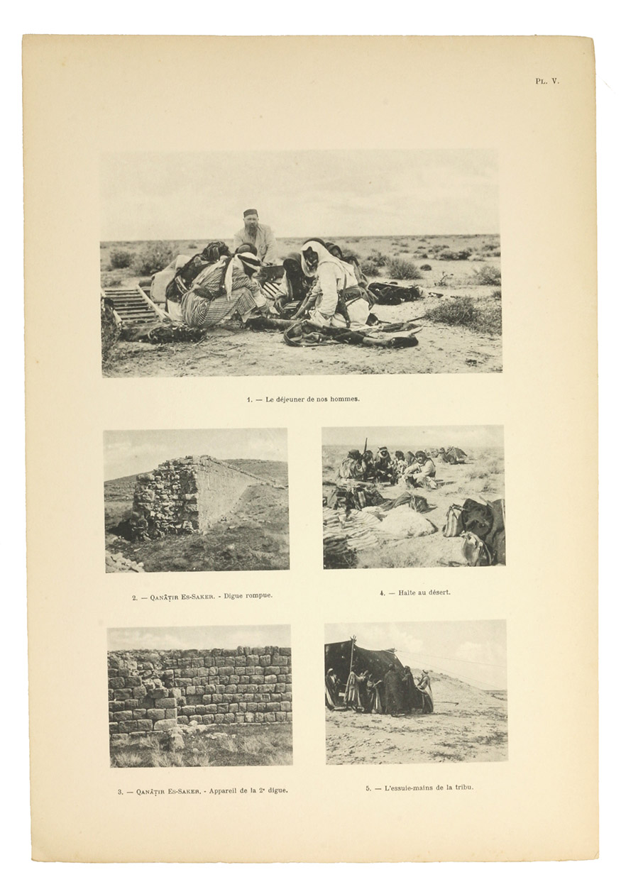 JAUSSEN, Antonin and Raphael SVAIGNAC - Mission archeologique en Arabie III. Les chateaux arabes Qeseir 'Amra, Harneh et Tba.Paris, Paul Geuthner, 1922. 2 volumes (text and atlas). Small folio (21 x 29.5 cm). Text volume with 21 illustrations in the text (mostly photographs). Atlas volume with 58 loose plates (mostly plans and photographic views) as issued. Text volume in modern half cloth, kept with the plates in a modern half cloth portfolio.