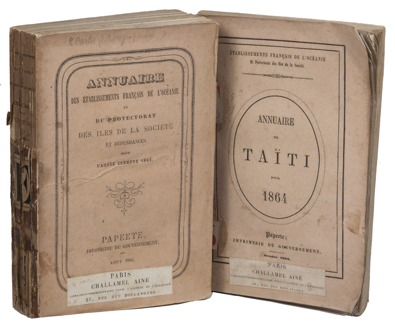 [FRENCH POLYNESIA - PERIODICAL]. - Annuaire des tablissements franais de l'Ocanie et du Protectorat des Iles de la Socit et dpendances pour l'anne commune 1863.Papeete, Imprimerie du Gouvernement, August 1863. 2 volumes. Small 8vo. With two original photographs in the 1863 edition, both reproducing maps, one showing the islands Tahiti and Moorea and the other showing archipels which were then under French protectorate. With: Annuaire des tablissements franais de l'Ocanie et du Protectorat des Iles de la Socit et dpendances pour l'an 1864 (title on the front wrapper: Annuaire de Tati pour 1864).Papeete, Imprimerie du Gouvernement, October 1864.Original publisher's printed wrappers.