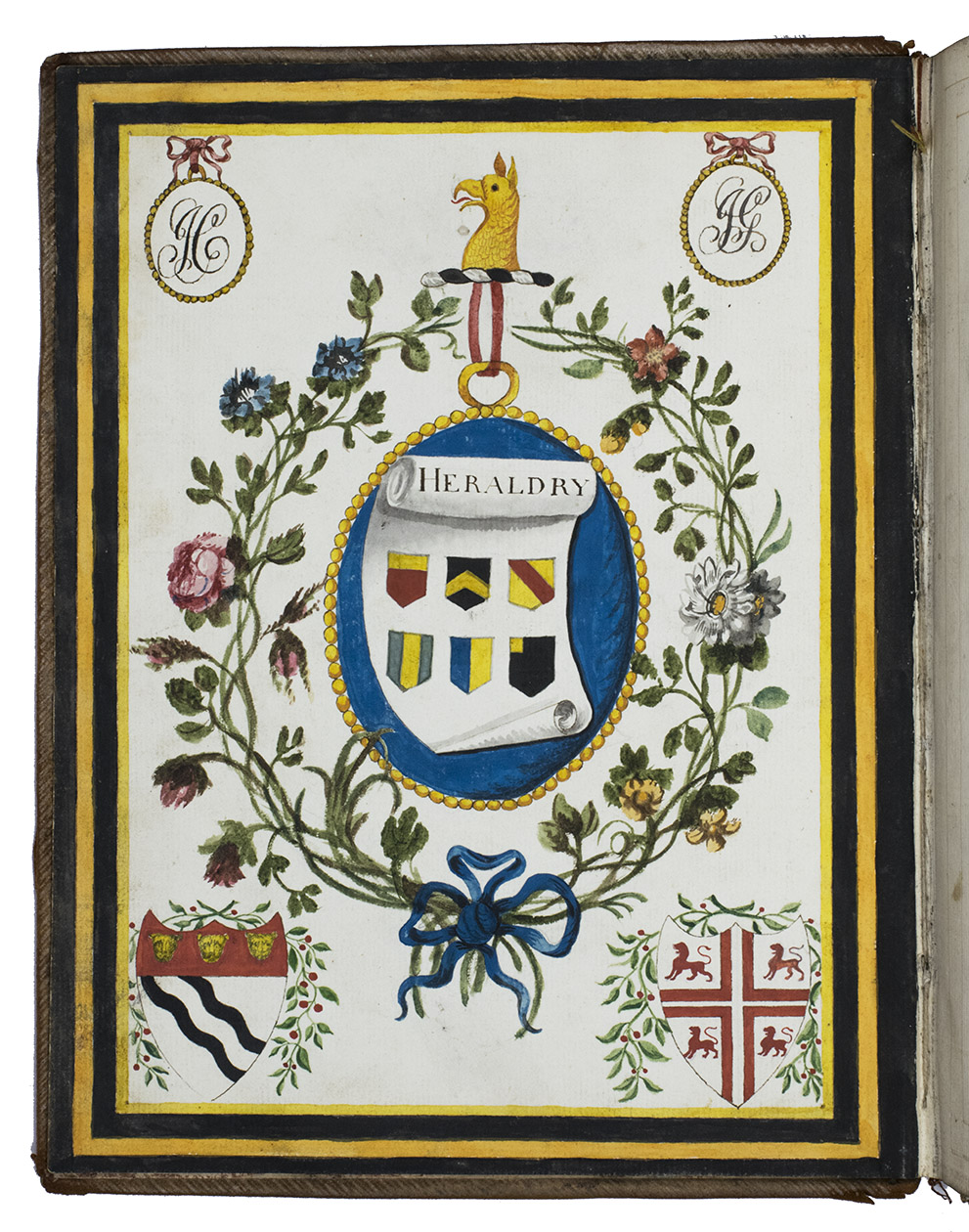 CLEMENTS, Joseph and J. GOLDING. - (title-page:) Heraldry.[England (Kent?), ca. 1775-1795]. Large 4to (ca. 27 x 21 cm). Manuscript in English on paper, mostly containing coats of arms with captions and a hand-written index. Completely written in brown ink in a neat 18th-century hand. With a hand-drawn and contemporary hand-coloured title-page, 108 contemporary hand-coloured smaller coats of arms showing motives on the crest and 1050 contemporary hand-coloured larger coats of arms of English noble families. Contemporary sheepskin, blind-tooled boards and spine, marbled endpapers.