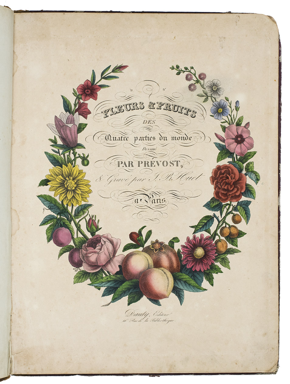 HUET Jean-Baptiste (the younger); Benot-Louis or Jean-Louis PRVOST. - Fleurs & fruits des quatre parties du monde desseine par Prvost & grav par J.B. Huet.Paris, Dauty, [ca. 1837/1838]. Folio (ca. 35 x 26.5 cm). With an engraved title-page and 11 (of 23) engraved botanical prints: 4 showing 5 kinds of fruits each, 3 showing 9 types of flowers each and 4 showing flower bouquets. All prints are stipple engravings and coloured by a contemporary hand, some parts glazed with egg white. Contemporary half sheepskin.