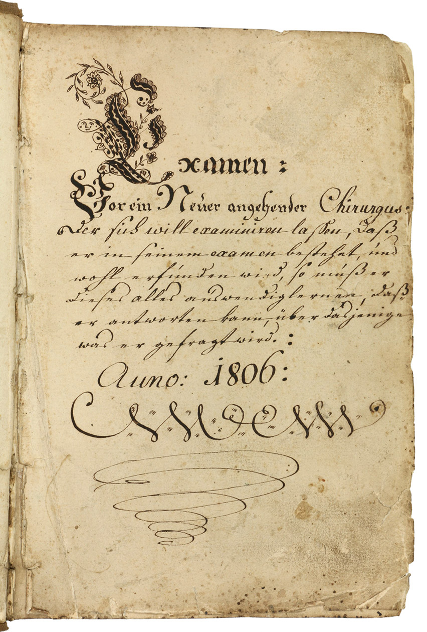 [MEDICAL MANUAL AND RECIPE BOOK]. - Examen: vor ein neuer angehender Chirurgus, der sich will examiniren lassen, da er in seinem examen bestehet, und wohl erfunden wird, so mu er dieses alles auswendig lernen, da er antworten kann, ber dasjenige was ihm gefragt wird. Anno 1806.Franconia and Alsace (Augsburg, Nuremberg, Strasbourg), 1800-1826. 4to (17 x 23 cm). German (and Latin) manuscript by various hands. Contemporary boards with vellum corners and modern cloth spine.